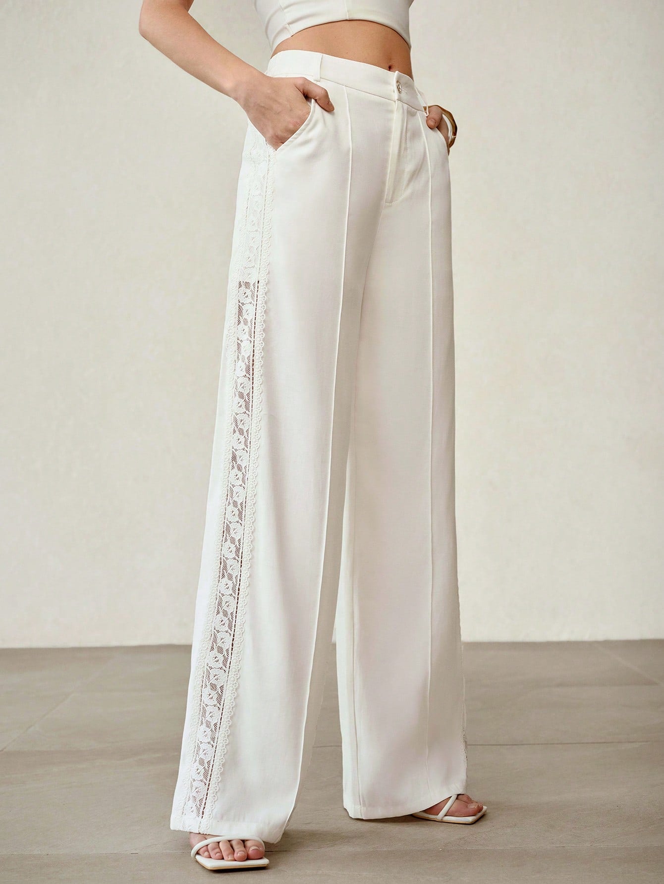 CM-BS064100 Women Elegant Seoul Style High Waist Lace Hollow Wide Leg Pants - White