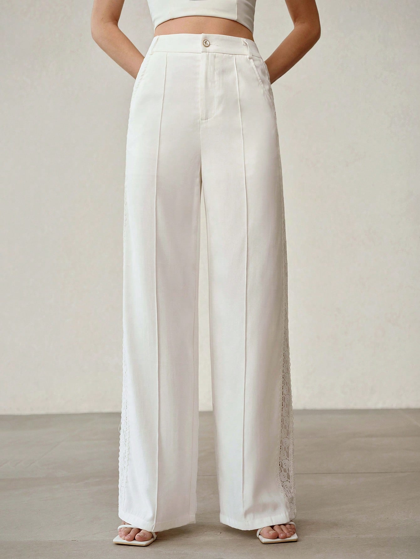CM-BS064100 Women Elegant Seoul Style High Waist Lace Hollow Wide Leg Pants - White