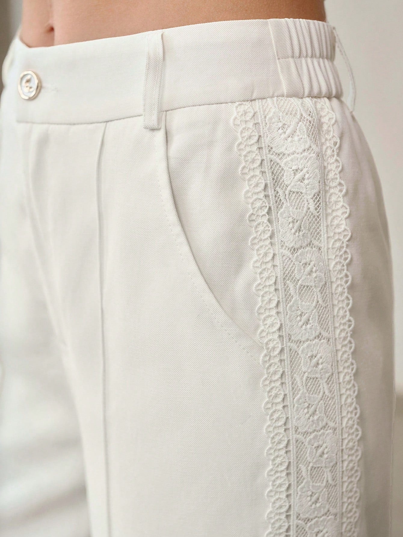 CM-BS064100 Women Elegant Seoul Style High Waist Lace Hollow Wide Leg Pants - White