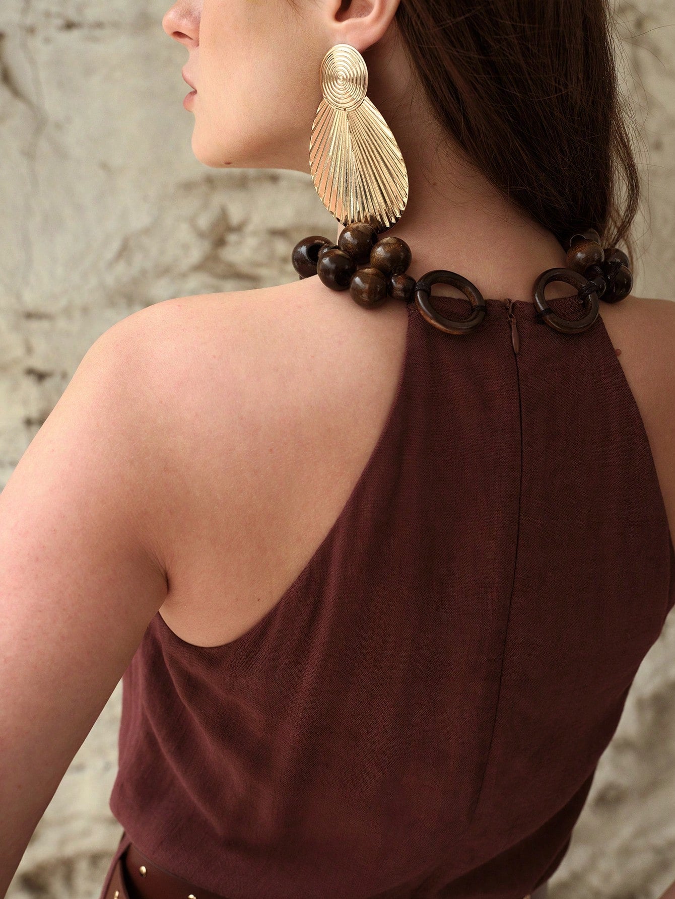 CM-JS763008 Women Elegant Seoul Style Halter Neck Sleeveless High Waist Linen Jumpsuit - Brown