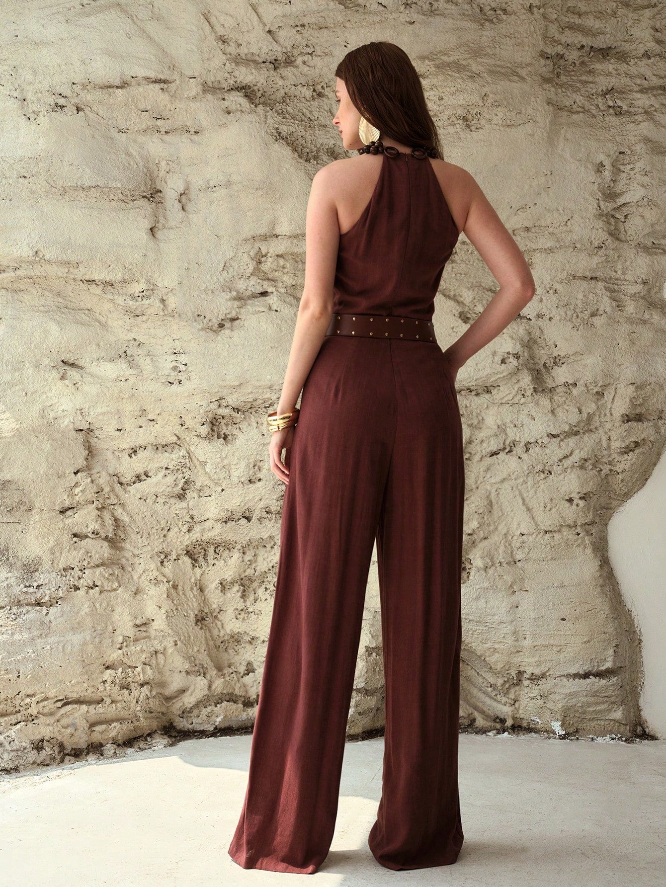 CM-JS763008 Women Elegant Seoul Style Halter Neck Sleeveless High Waist Linen Jumpsuit - Brown