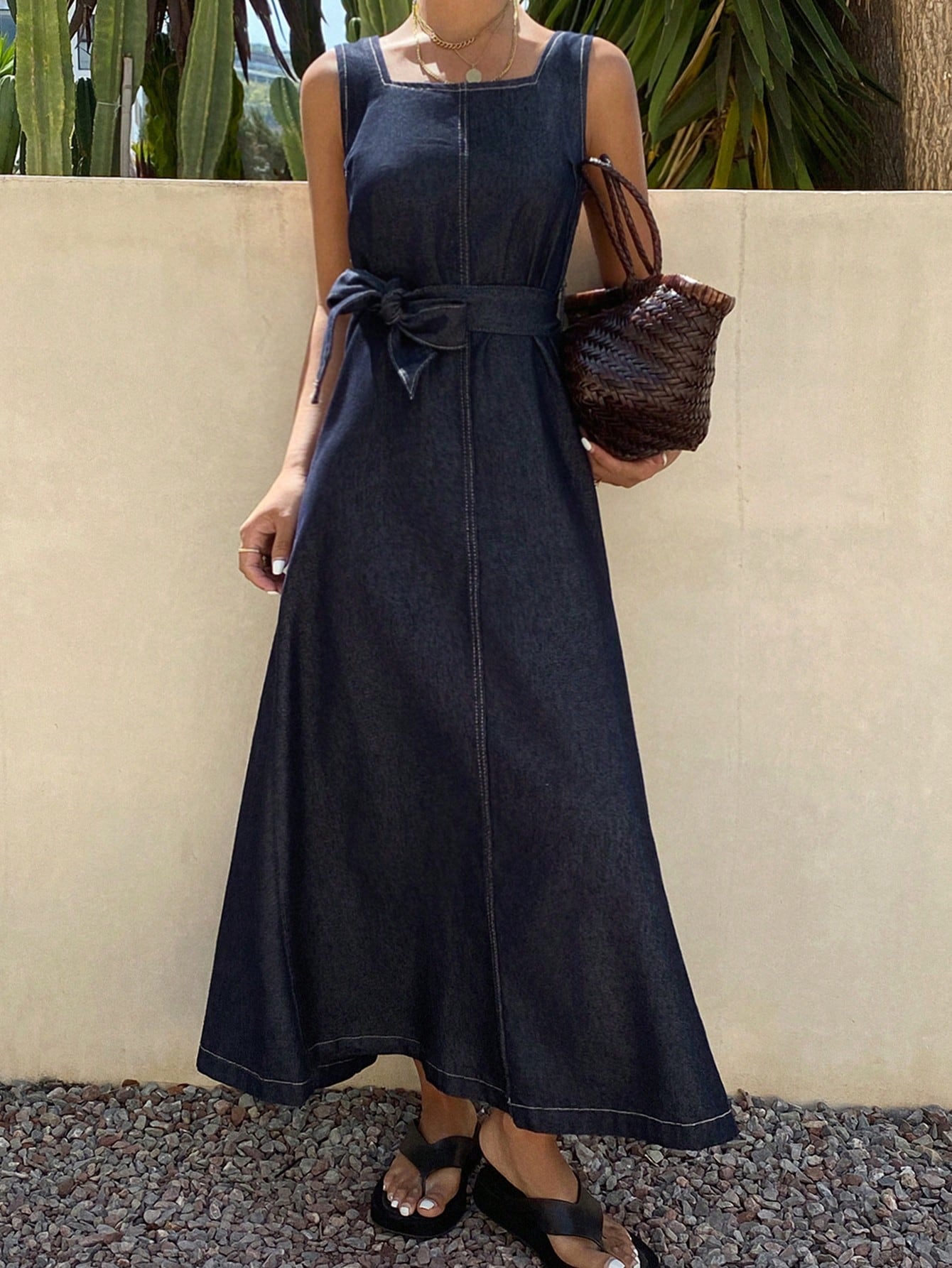 CM-DS571703 Women Casual Seoul Style Dark Wash Square Neck Sleeveless Slit Belted Denim Dress