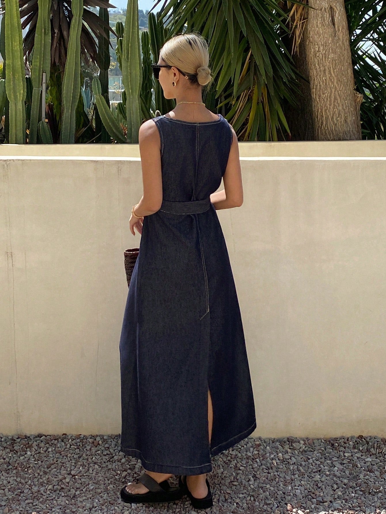 CM-DS571703 Women Casual Seoul Style Dark Wash Square Neck Sleeveless Slit Belted Denim Dress