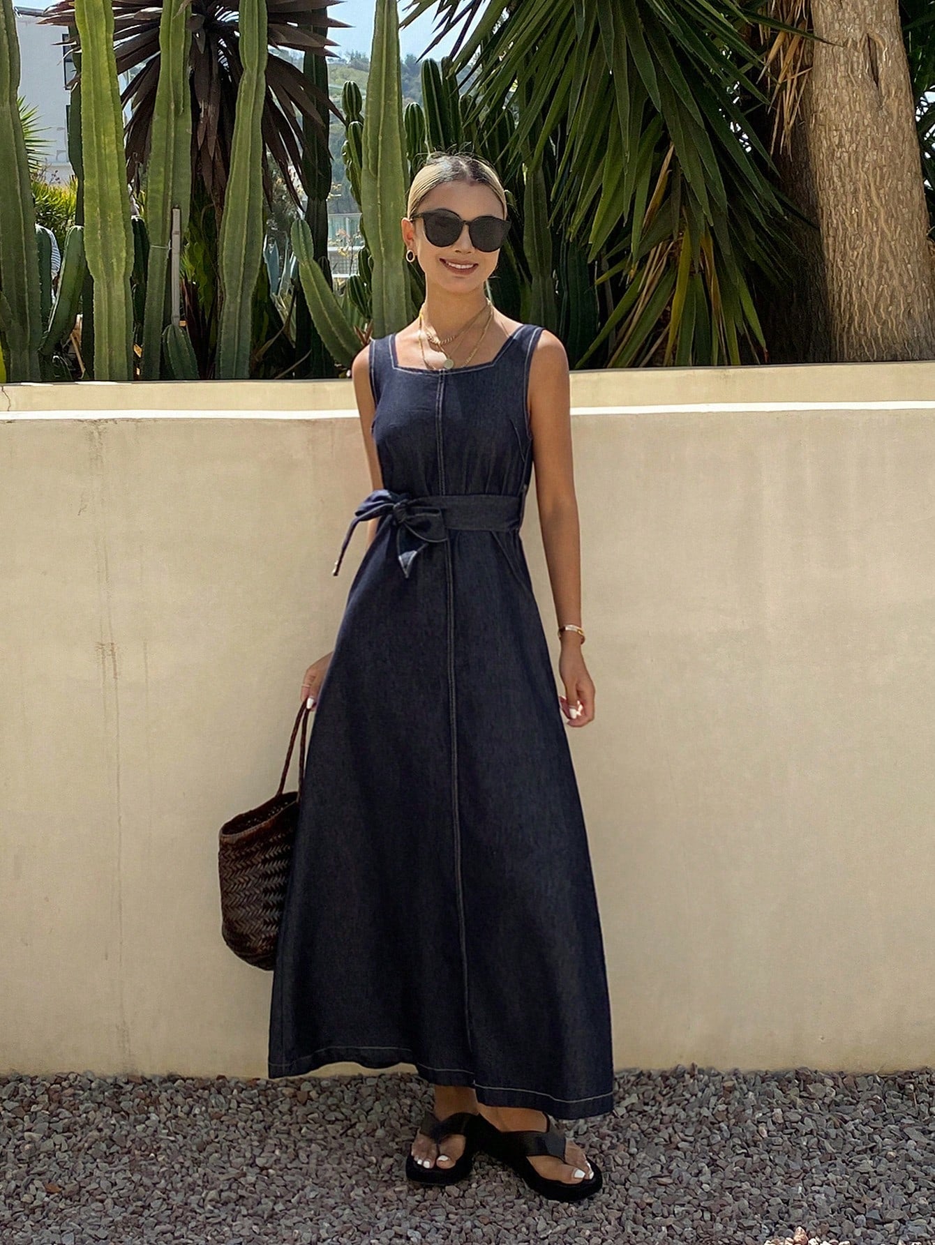 CM-DS571703 Women Casual Seoul Style Dark Wash Square Neck Sleeveless Slit Belted Denim Dress