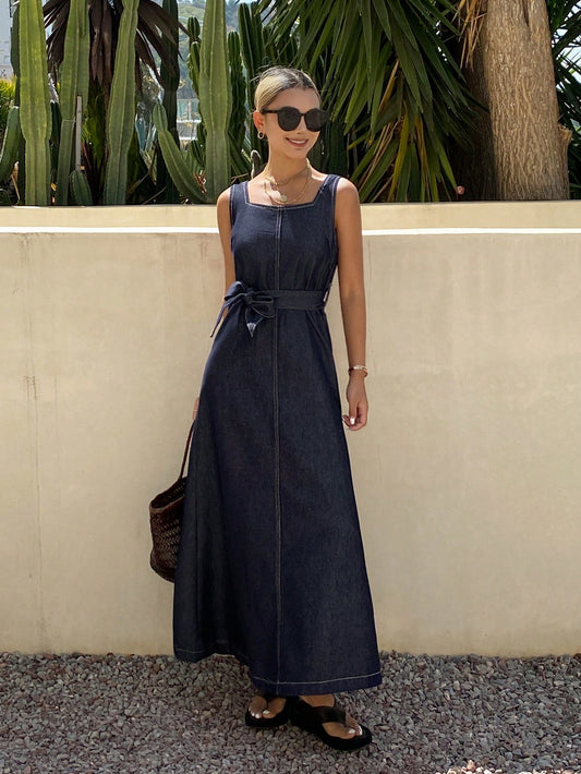 CM-DS571703 Women Casual Seoul Style Dark Wash Square Neck Sleeveless Slit Belted Denim Dress
