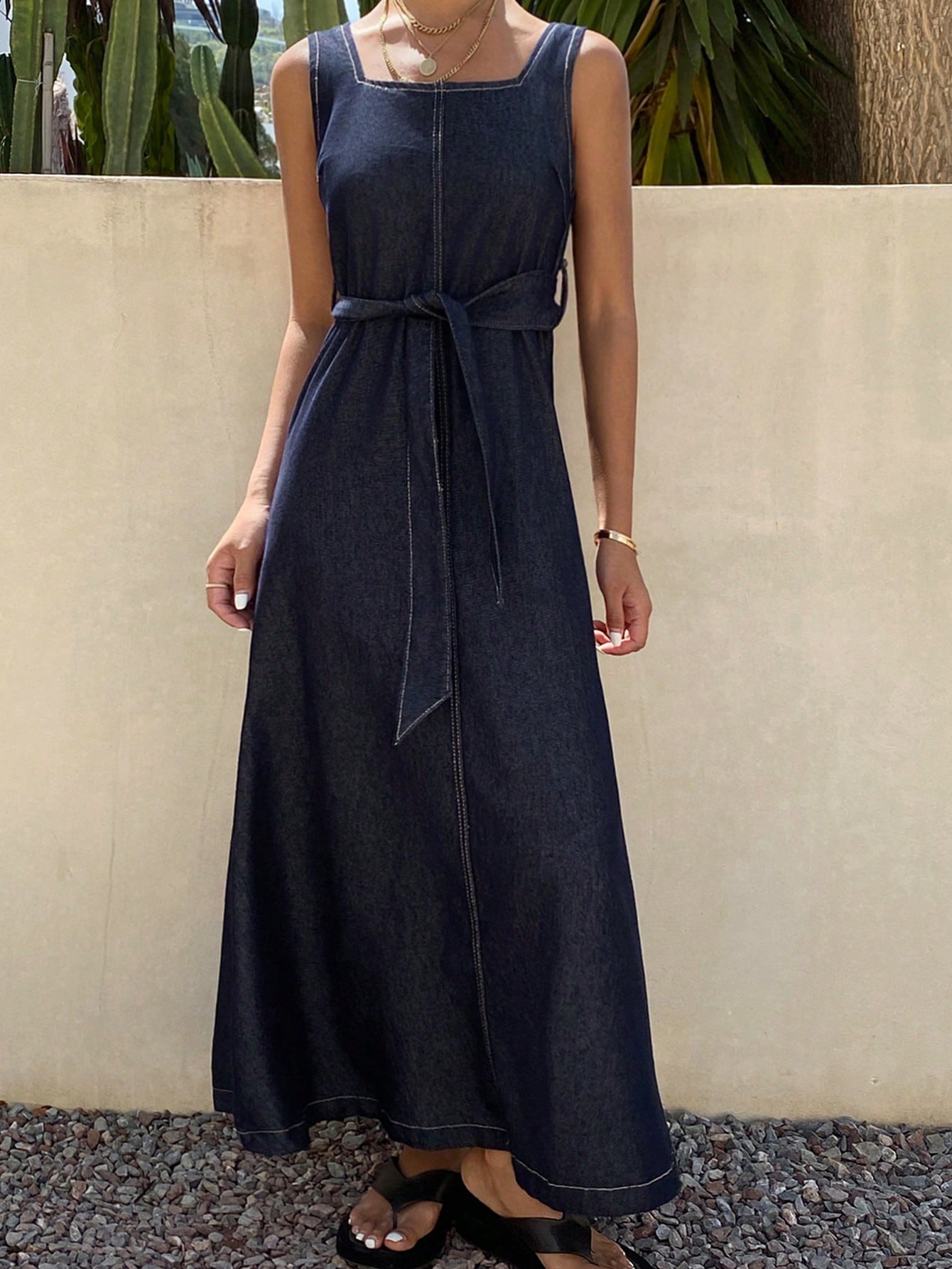 CM-DS571703 Women Casual Seoul Style Dark Wash Square Neck Sleeveless Slit Belted Denim Dress
