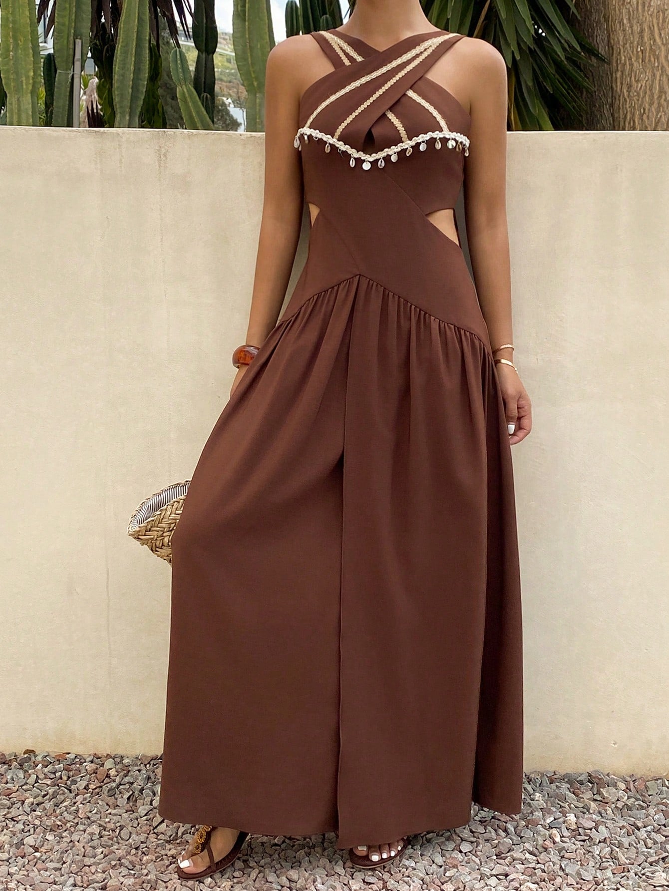 CM-DS109296 Women Trendy Bohemian Style Contrasting Criss-Cross Design Sleeveless Midi Sun Dress - Brown