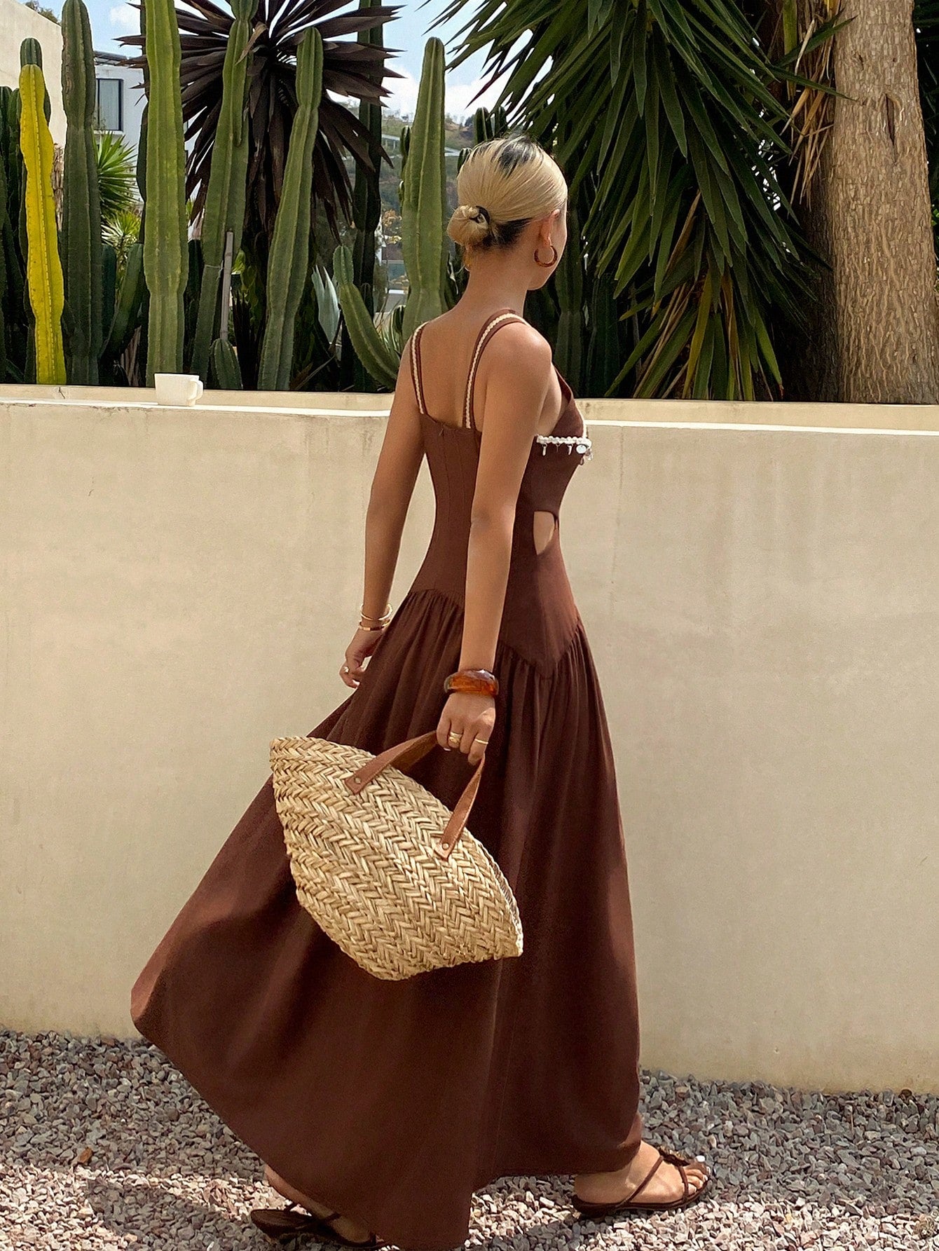 CM-DS109296 Women Trendy Bohemian Style Contrasting Criss-Cross Design Sleeveless Midi Sun Dress - Brown