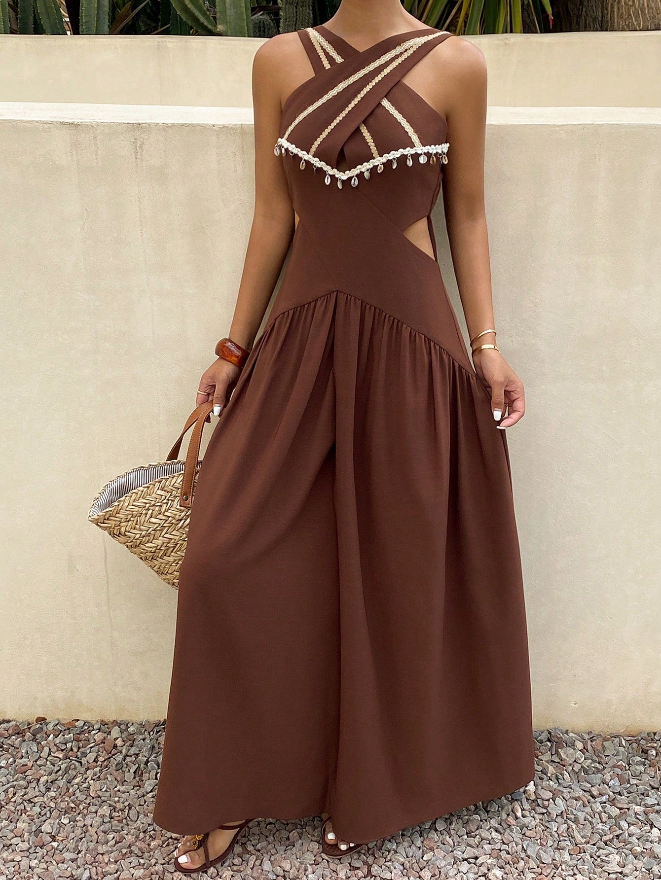 CM-DS109296 Women Trendy Bohemian Style Contrasting Criss-Cross Design Sleeveless Midi Sun Dress - Brown
