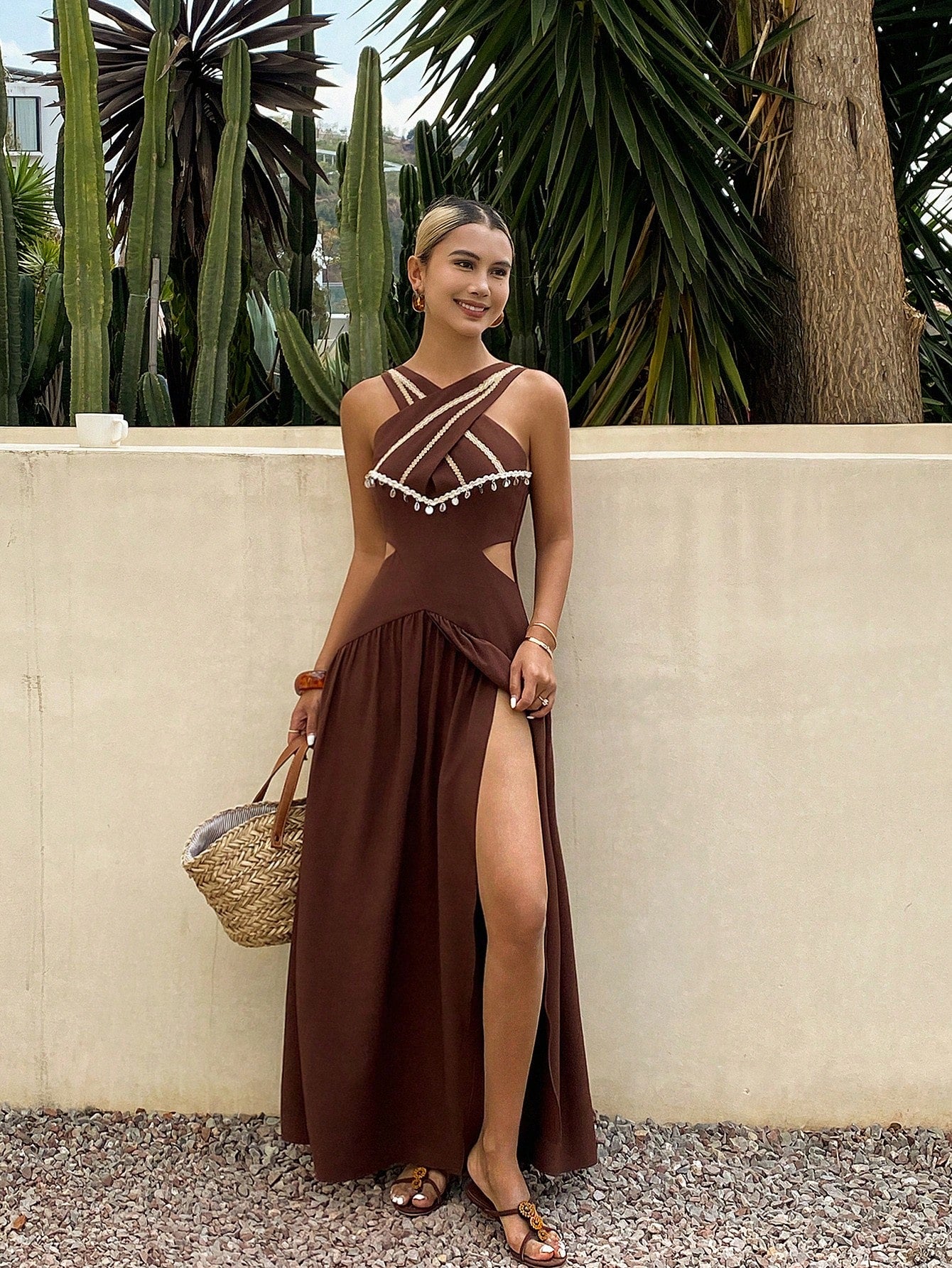 CM-DS109296 Women Trendy Bohemian Style Contrasting Criss-Cross Design Sleeveless Midi Sun Dress - Brown