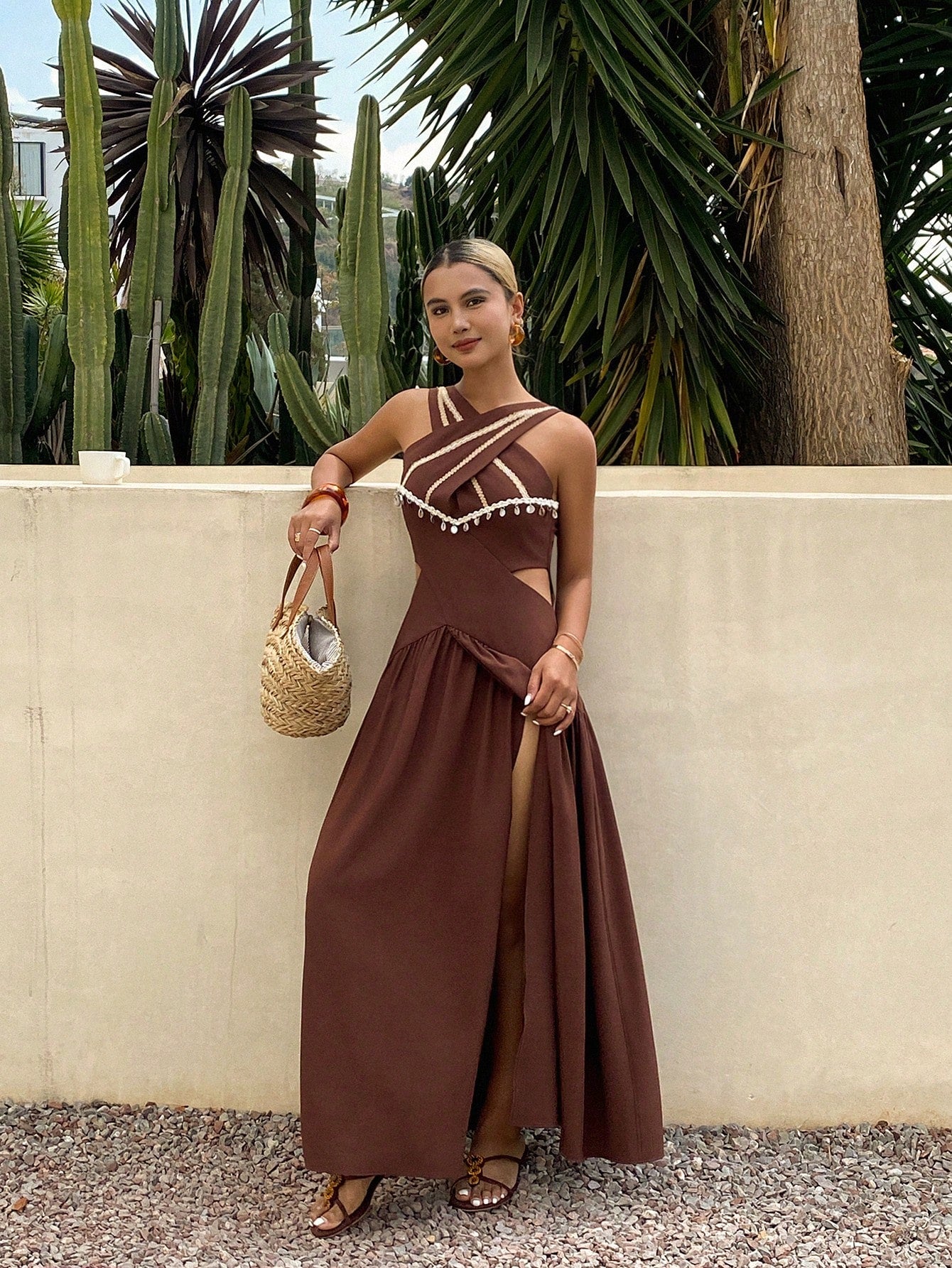 CM-DS109296 Women Trendy Bohemian Style Contrasting Criss-Cross Design Sleeveless Midi Sun Dress - Brown