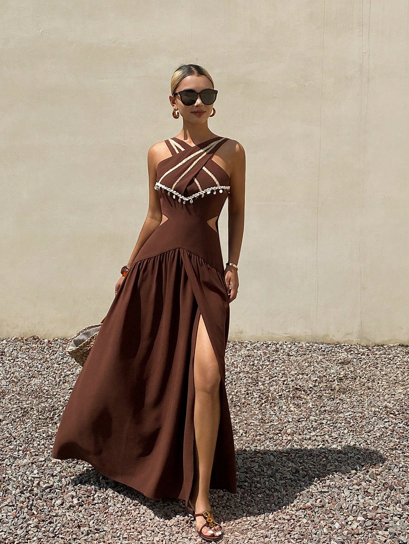 CM-DS109296 Women Trendy Bohemian Style Contrasting Criss-Cross Design Sleeveless Midi Sun Dress - Brown