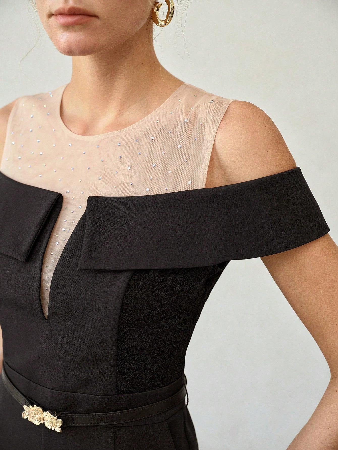 CM-JS090151 Women Elegant Seoul Style Round Neck Sleevless Sheer Rhinestone Cold Shoulder Jumpsuit - Black
