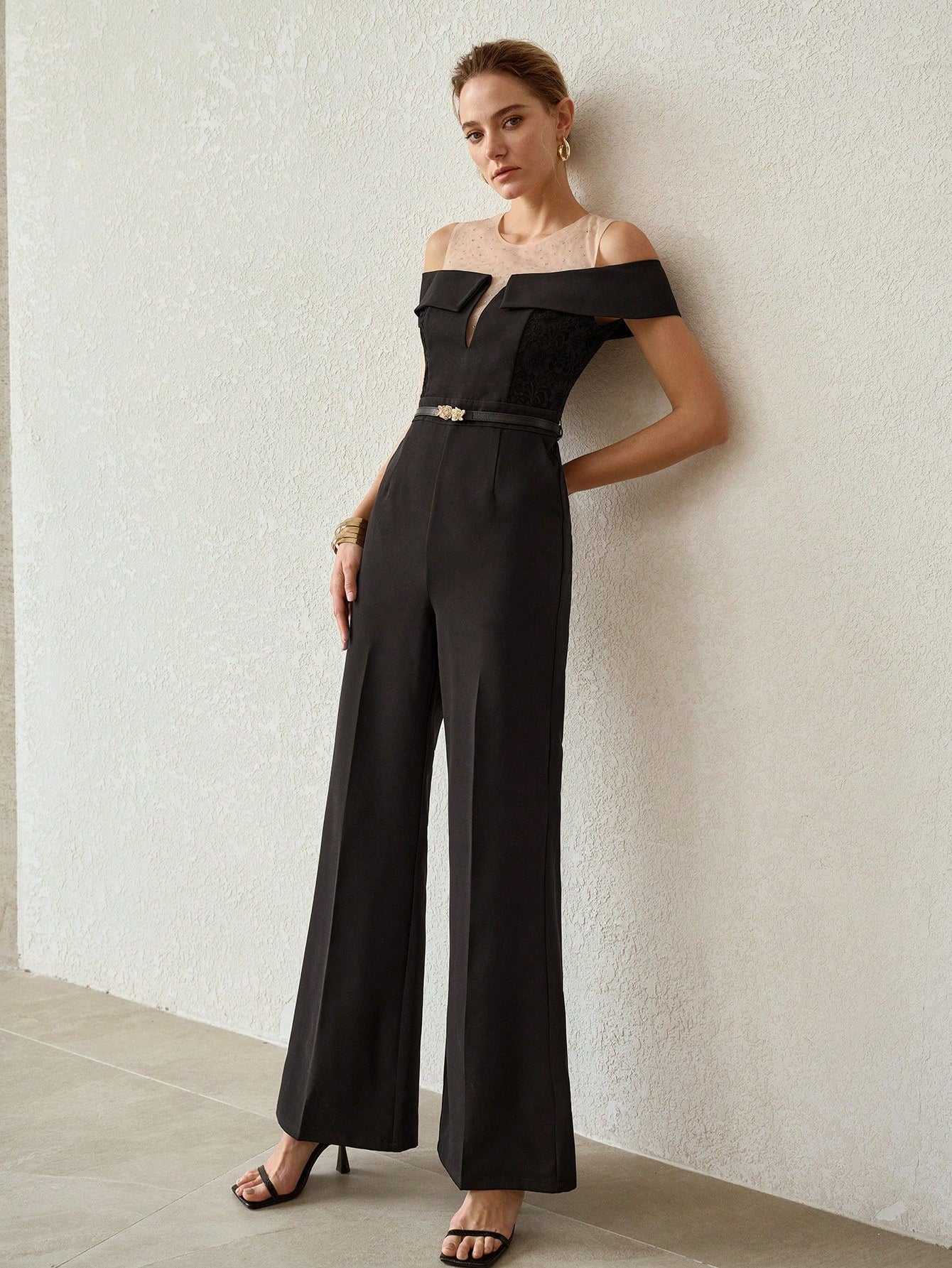 CM-JS090151 Women Elegant Seoul Style Round Neck Sleevless Sheer Rhinestone Cold Shoulder Jumpsuit - Black