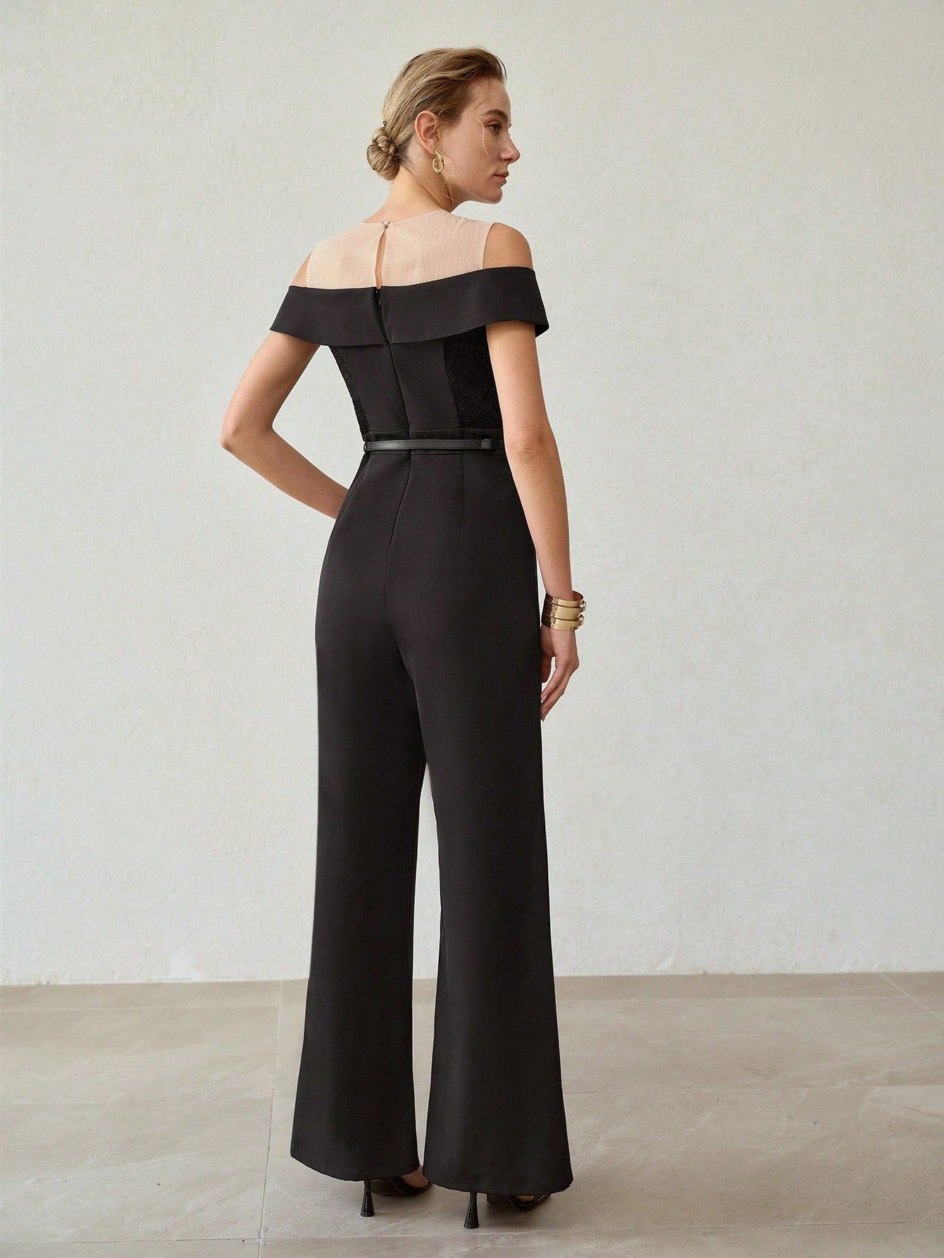 CM-JS090151 Women Elegant Seoul Style Round Neck Sleevless Sheer Rhinestone Cold Shoulder Jumpsuit - Black