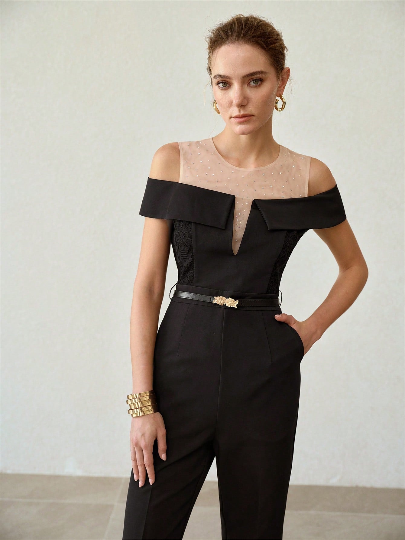 CM-JS090151 Women Elegant Seoul Style Round Neck Sleevless Sheer Rhinestone Cold Shoulder Jumpsuit - Black