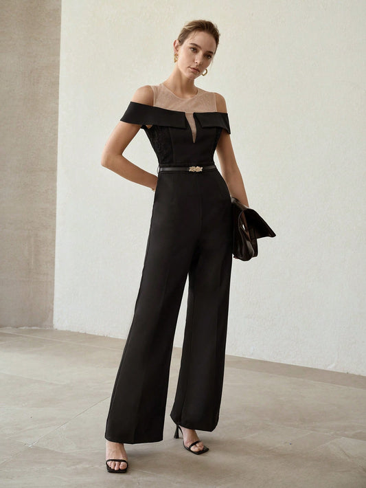 CM-JS090151 Women Elegant Seoul Style Round Neck Sleevless Sheer Rhinestone Cold Shoulder Jumpsuit - Black