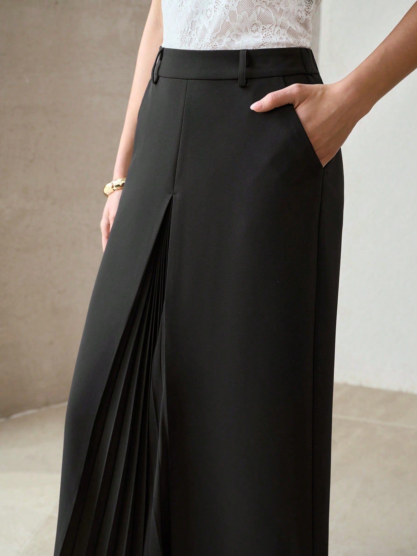 CM-BS247025 Women Elegant Seoul Style Solid Color Mid Waist Pleated Patchwork Skirt - Black