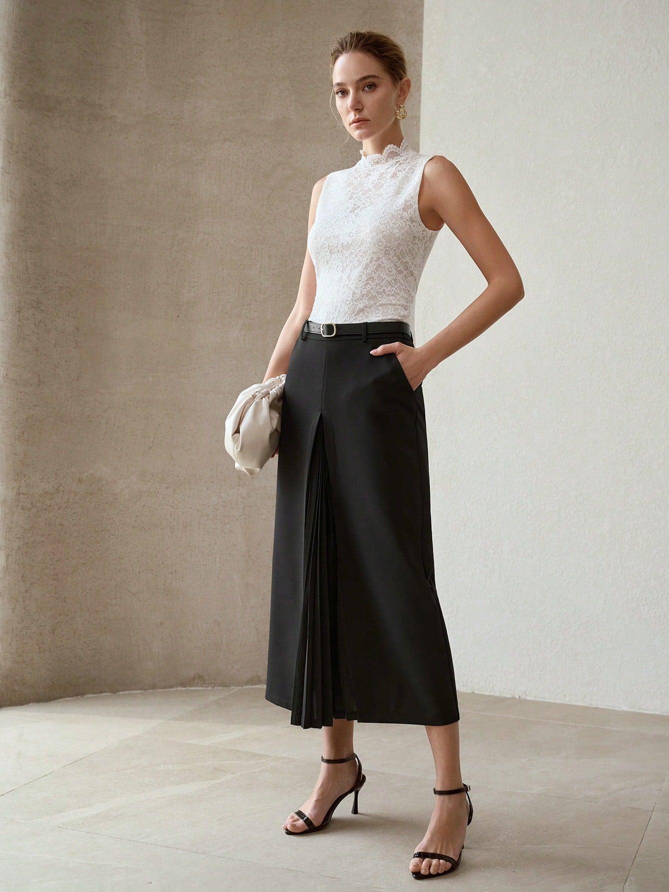 CM-BS247025 Women Elegant Seoul Style Solid Color Mid Waist Pleated Patchwork Skirt - Black