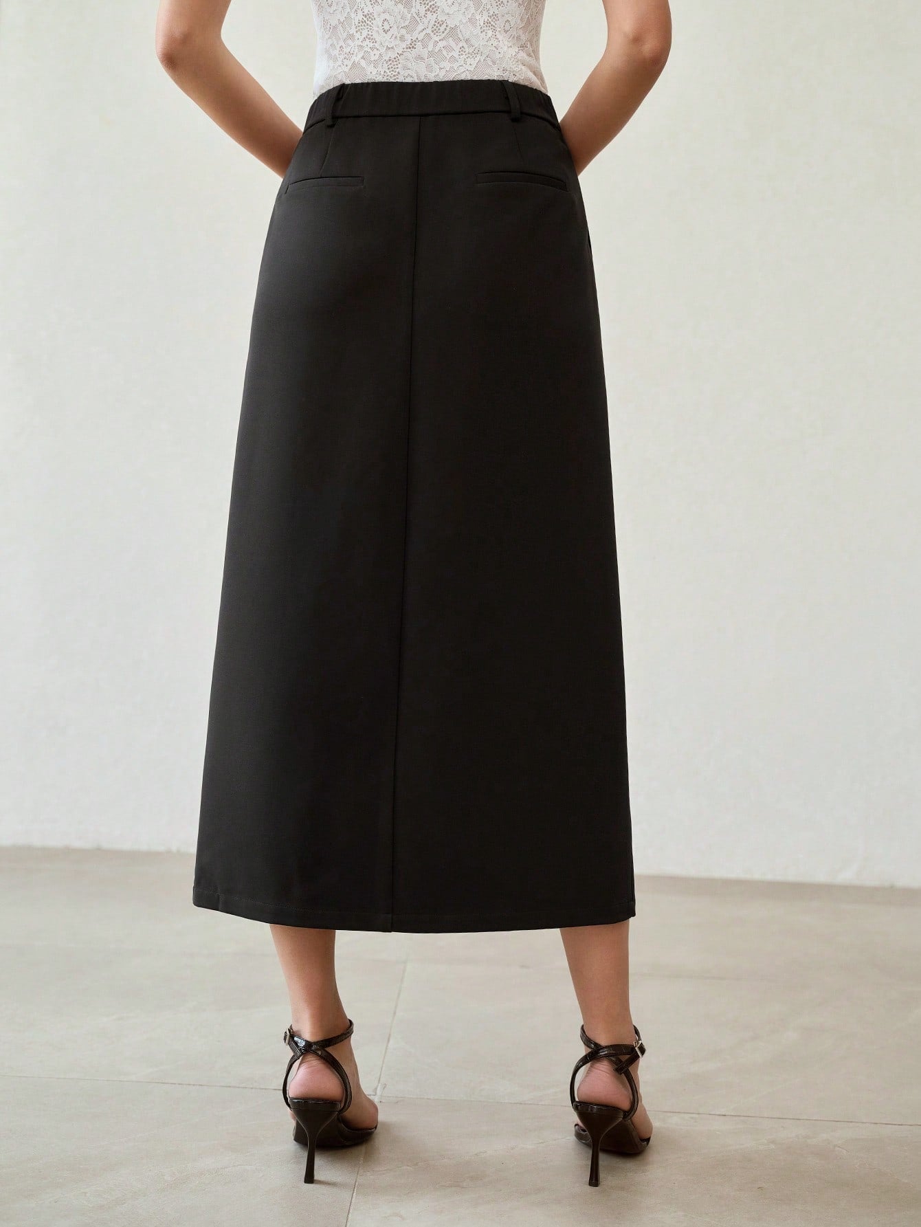 CM-BS247025 Women Elegant Seoul Style Solid Color Mid Waist Pleated Patchwork Skirt - Black
