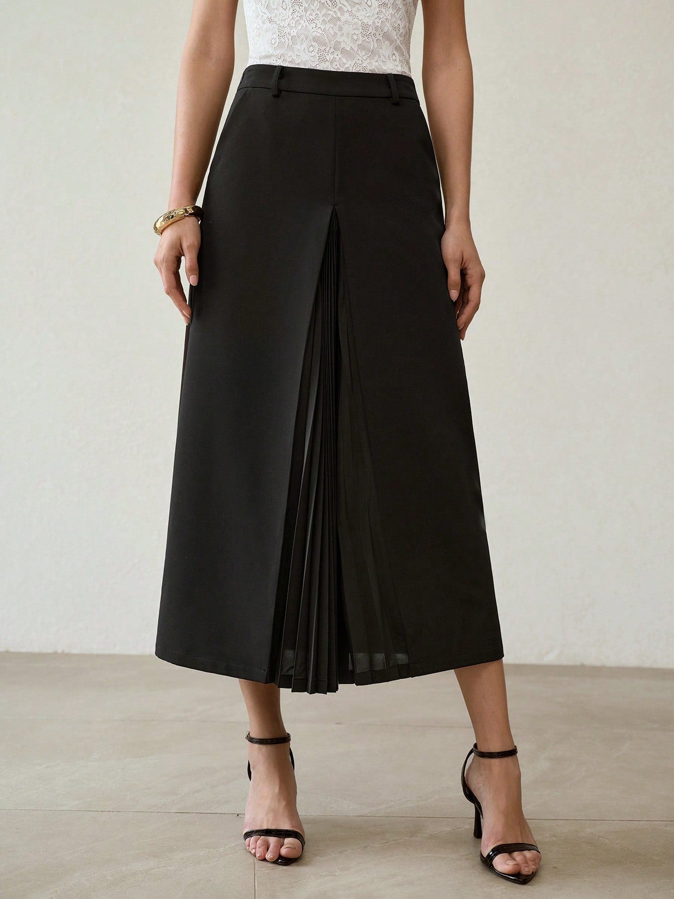CM-BS247025 Women Elegant Seoul Style Solid Color Mid Waist Pleated Patchwork Skirt - Black