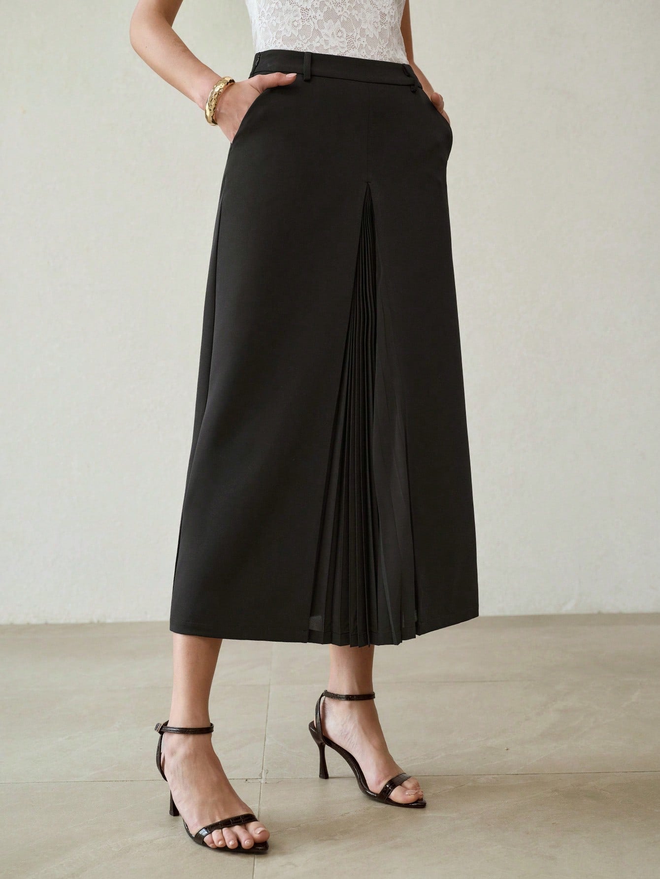 CM-BS247025 Women Elegant Seoul Style Solid Color Mid Waist Pleated Patchwork Skirt - Black