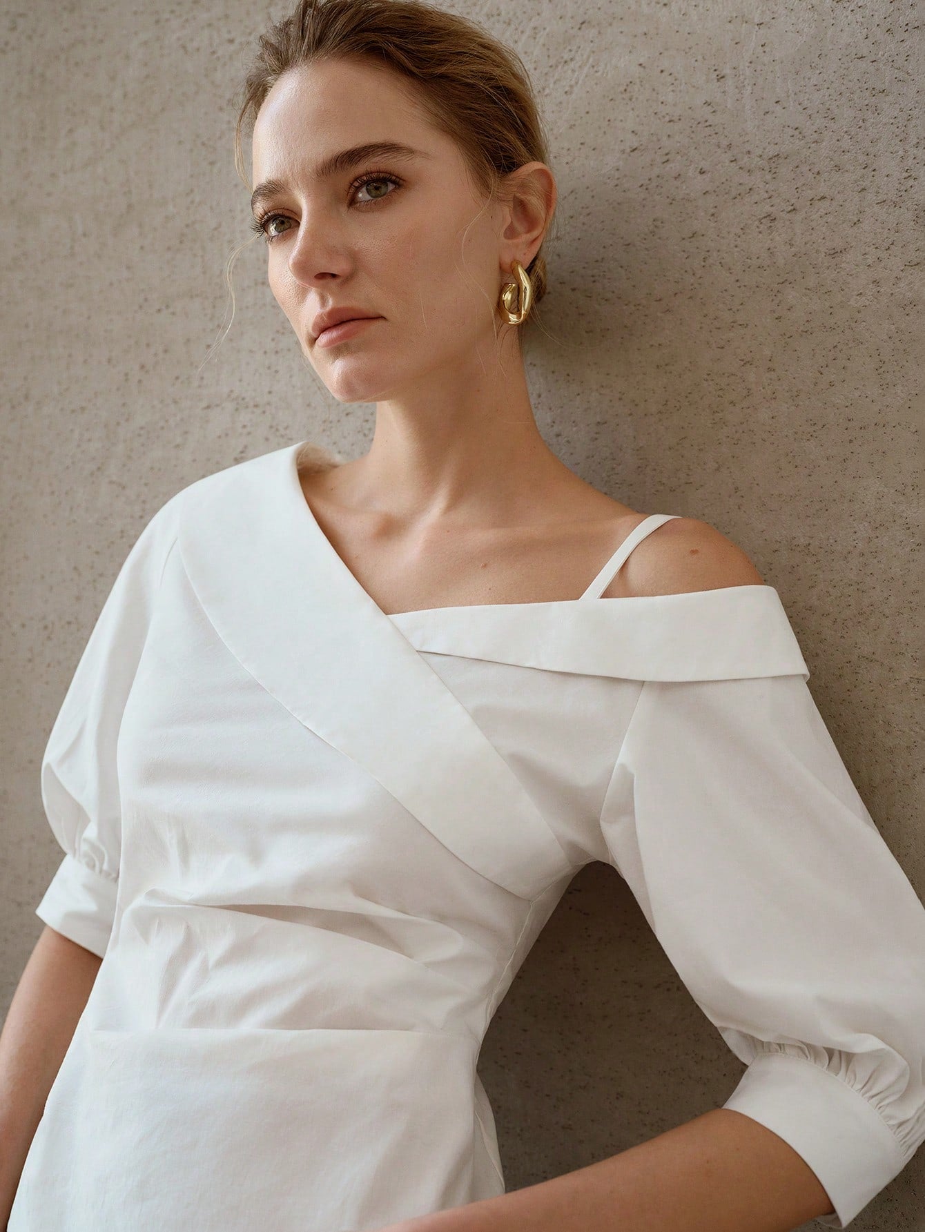 CM-TS570113 Women Elegant Seoul Style Asymmetrical Neckline Cold Shoulder 3/4 Sleeve Top - White