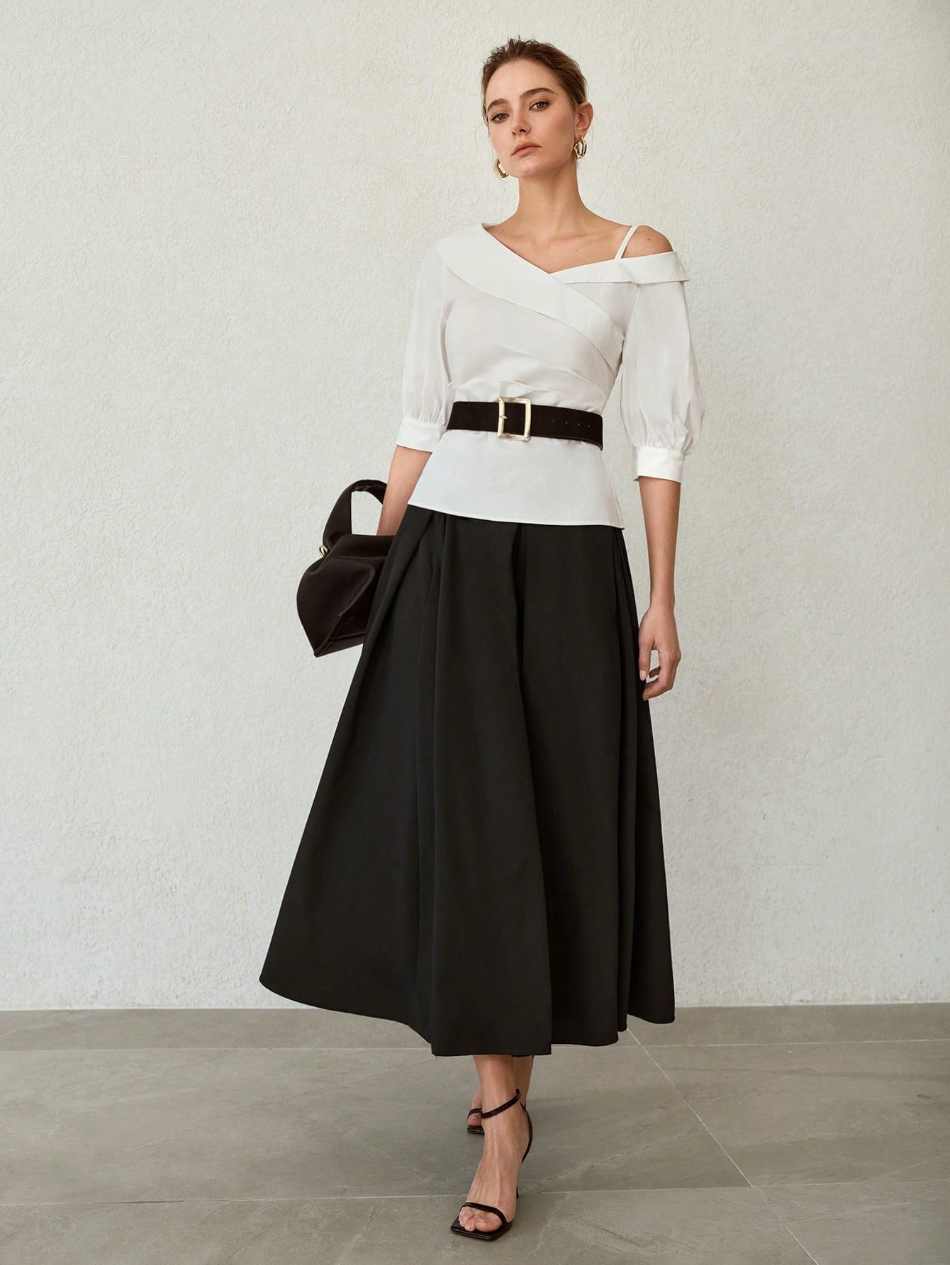 CM-TS570113 Women Elegant Seoul Style Asymmetrical Neckline Cold Shoulder 3/4 Sleeve Top - White