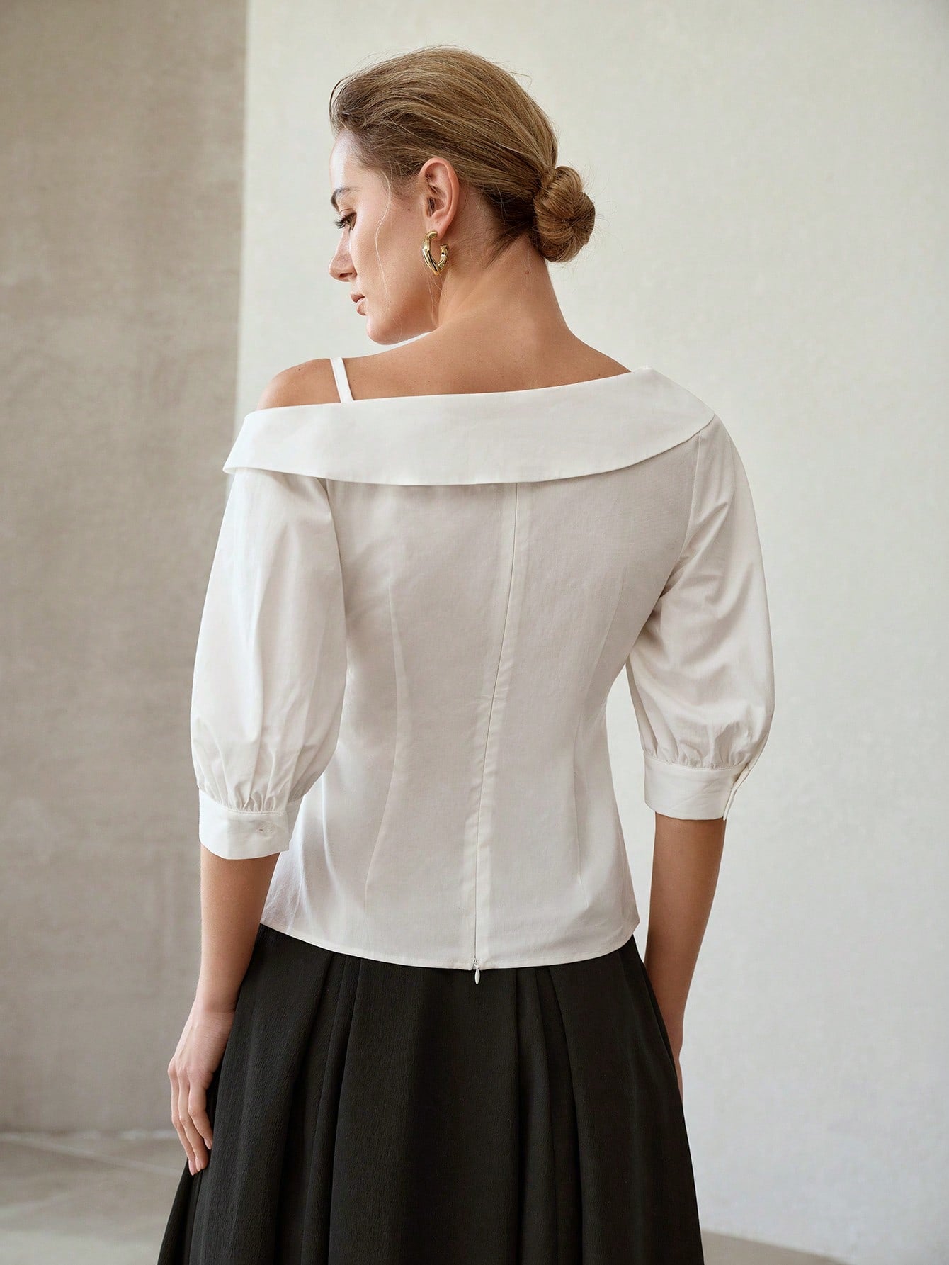CM-TS570113 Women Elegant Seoul Style Asymmetrical Neckline Cold Shoulder 3/4 Sleeve Top - White