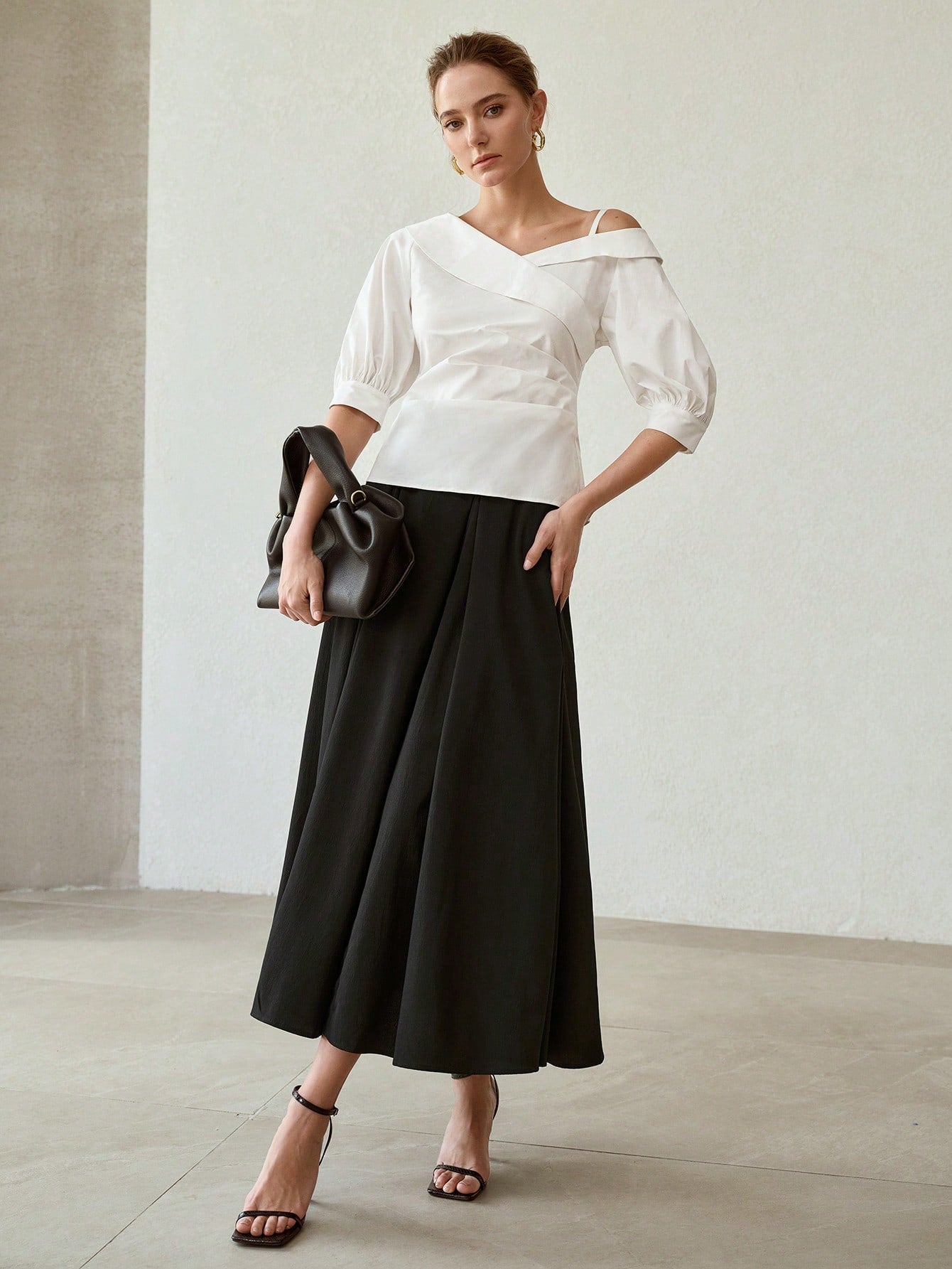 CM-TS570113 Women Elegant Seoul Style Asymmetrical Neckline Cold Shoulder 3/4 Sleeve Top - White