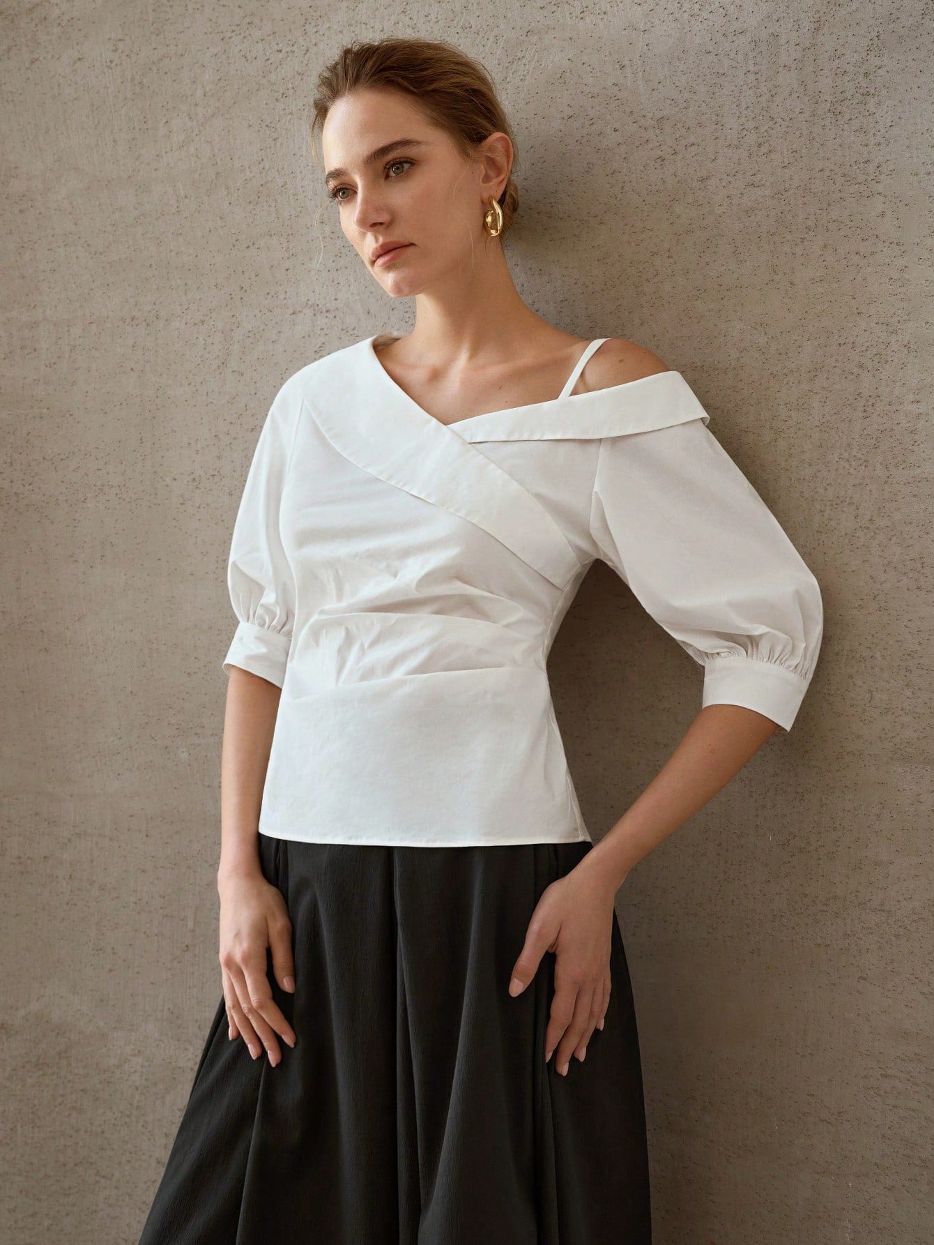 CM-TS570113 Women Elegant Seoul Style Asymmetrical Neckline Cold Shoulder 3/4 Sleeve Top - White