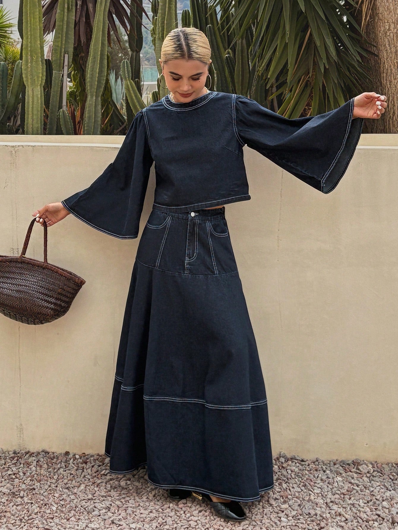 CM-SS224013 Women Casual Seoul Style Round Neck Long Sleeve Pullover Denim Shirt With Maxi Skirt - Set