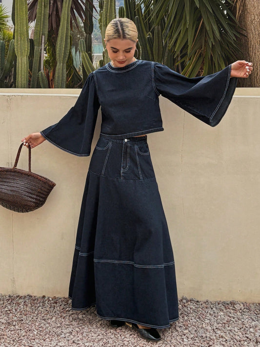 CM-SS224013 Women Casual Seoul Style Round Neck Long Sleeve Pullover Denim Shirt With Maxi Skirt - Set