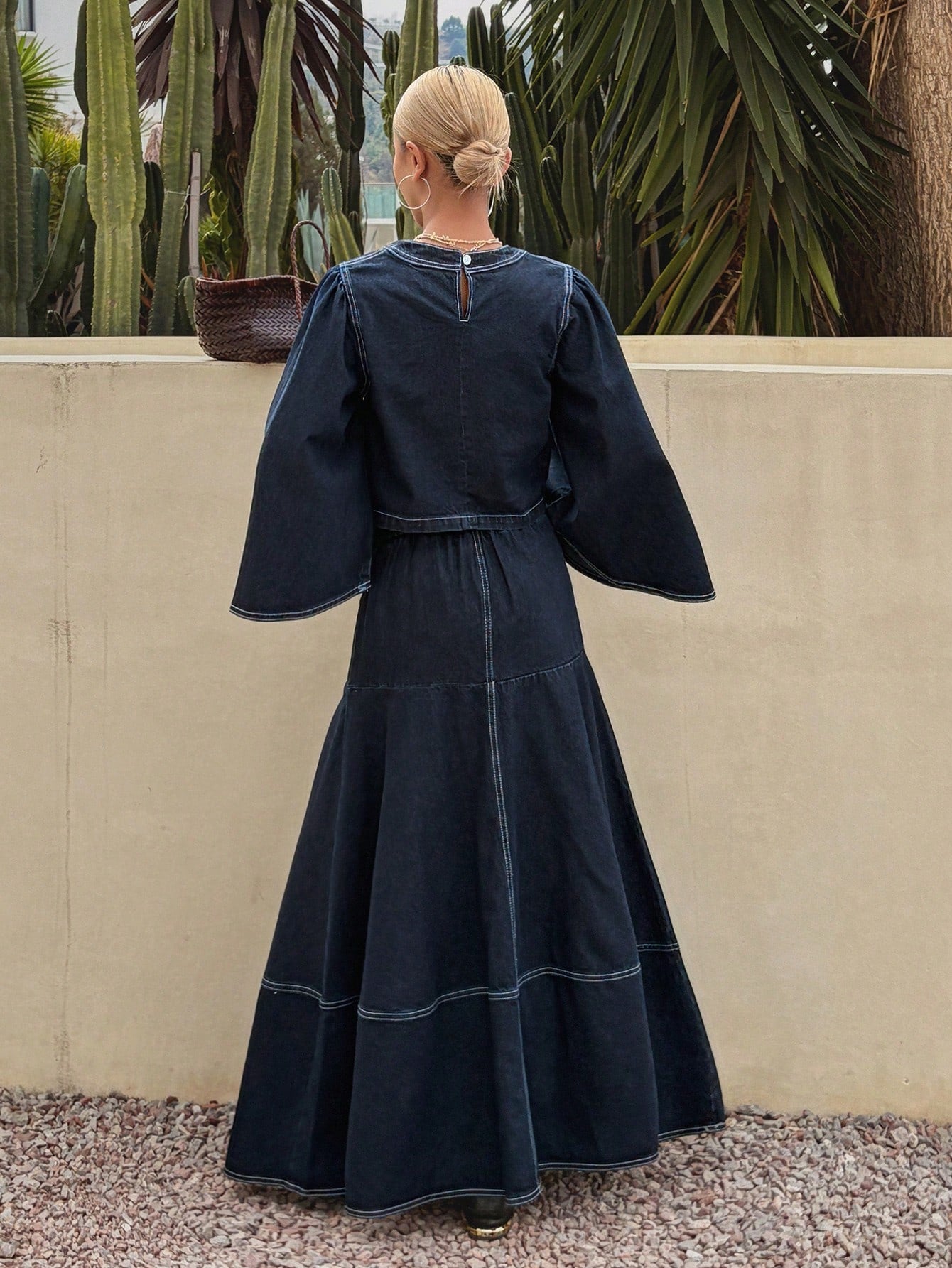 CM-SS224013 Women Casual Seoul Style Round Neck Long Sleeve Pullover Denim Shirt With Maxi Skirt - Set