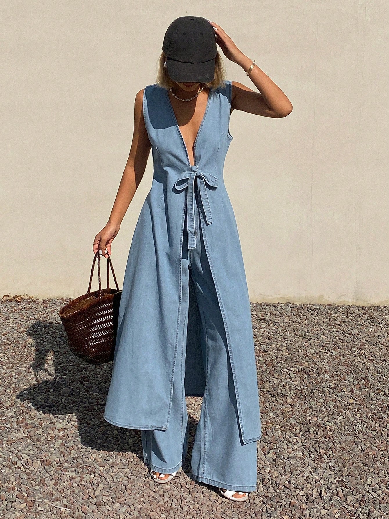 CM-SS027370 Women Casual Seoul Style Deep V-Neck Tie-Up Long Flowy Denim Vest With Pants - Set