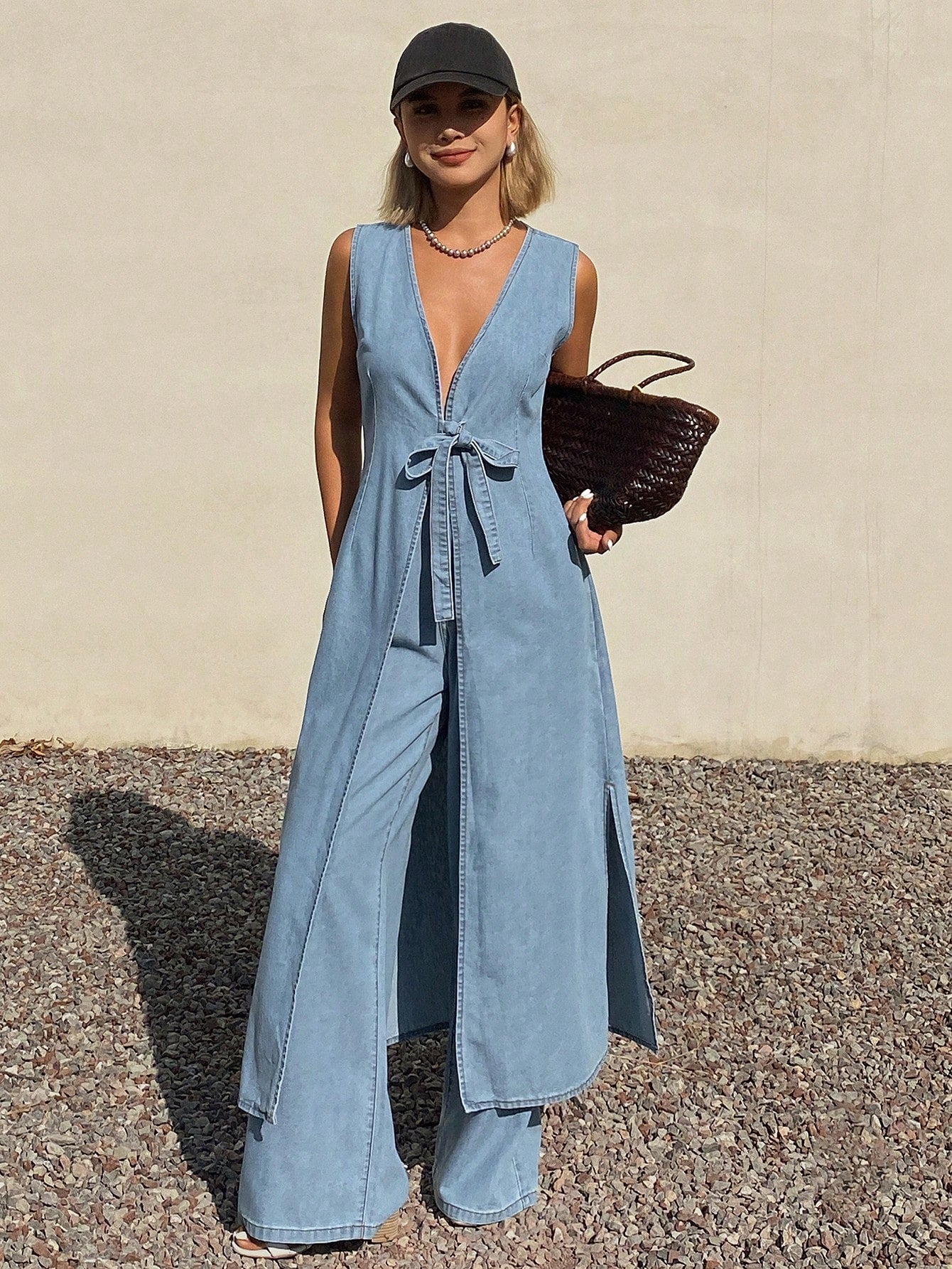 CM-SS027370 Women Casual Seoul Style Deep V-Neck Tie-Up Long Flowy Denim Vest With Pants - Set