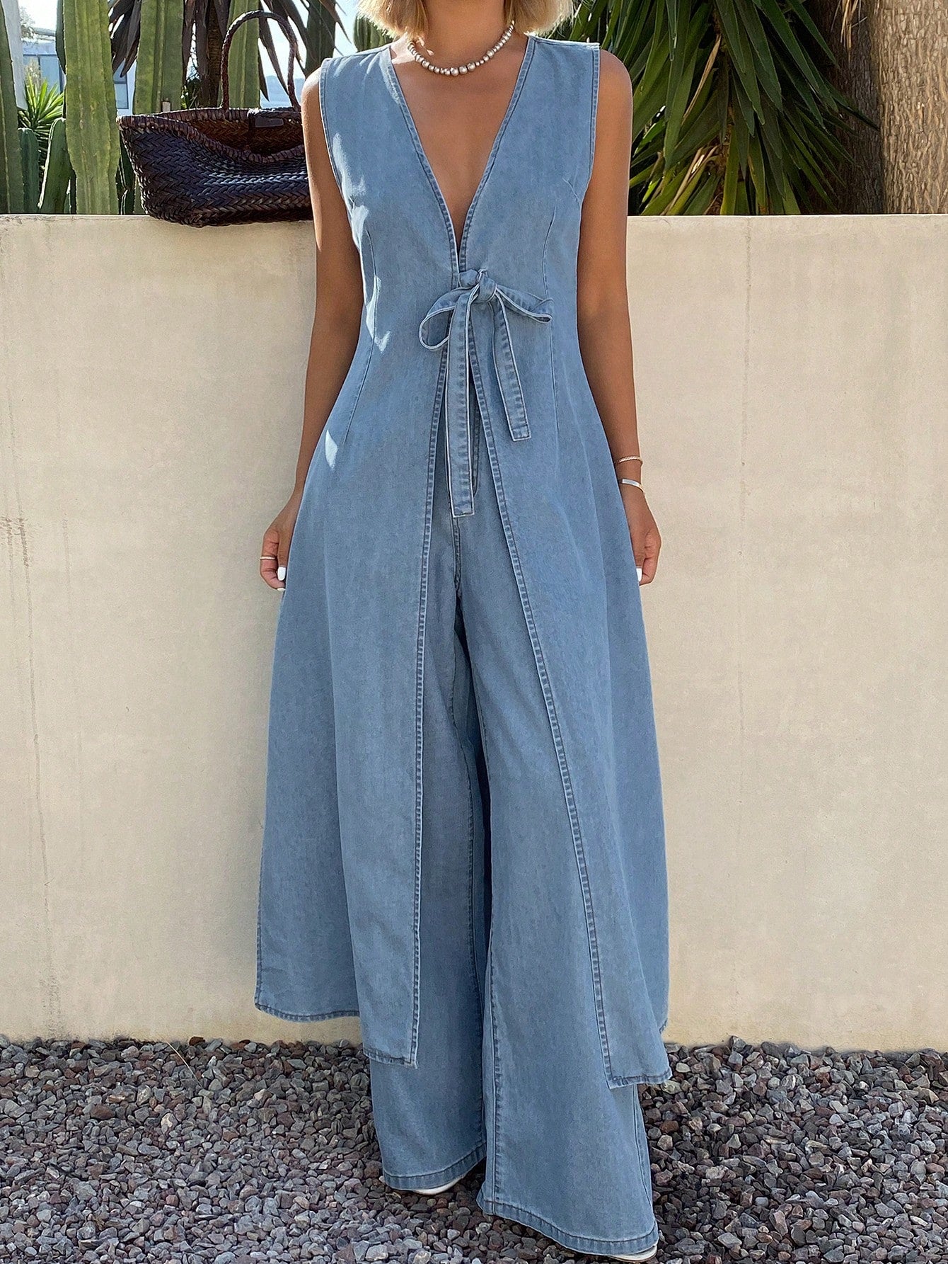 CM-SS027370 Women Casual Seoul Style Deep V-Neck Tie-Up Long Flowy Denim Vest With Pants - Set
