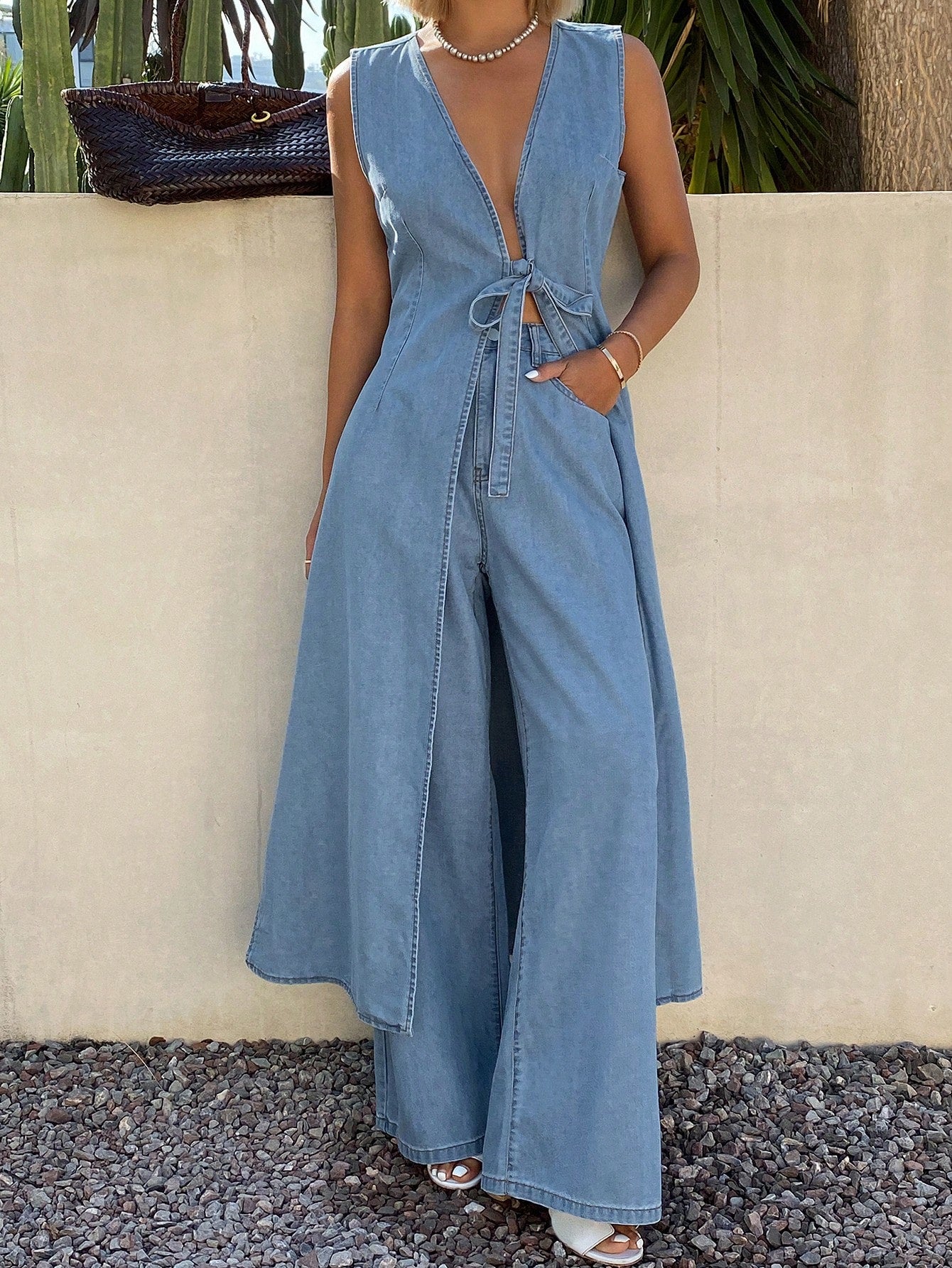 CM-SS027370 Women Casual Seoul Style Deep V-Neck Tie-Up Long Flowy Denim Vest With Pants - Set
