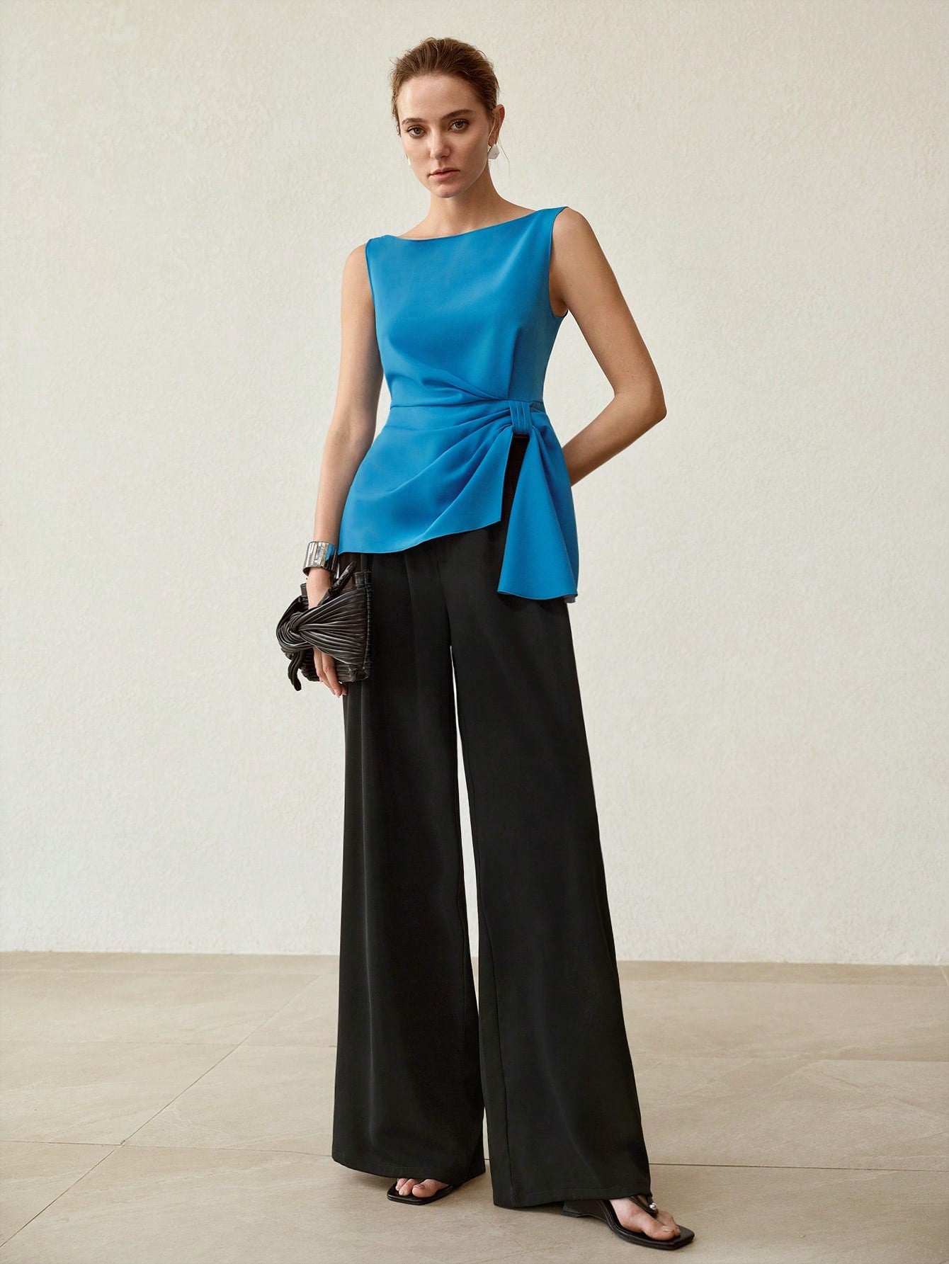 CM-TS977483 Women Elegant Seoul Style Side Knot Boat Neck Sleeveless Blouse - Blue