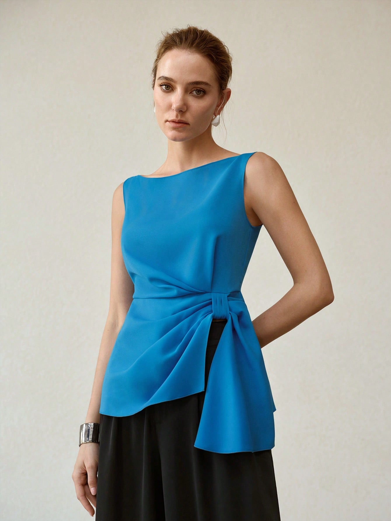 CM-TS977483 Women Elegant Seoul Style Side Knot Boat Neck Sleeveless Blouse - Blue