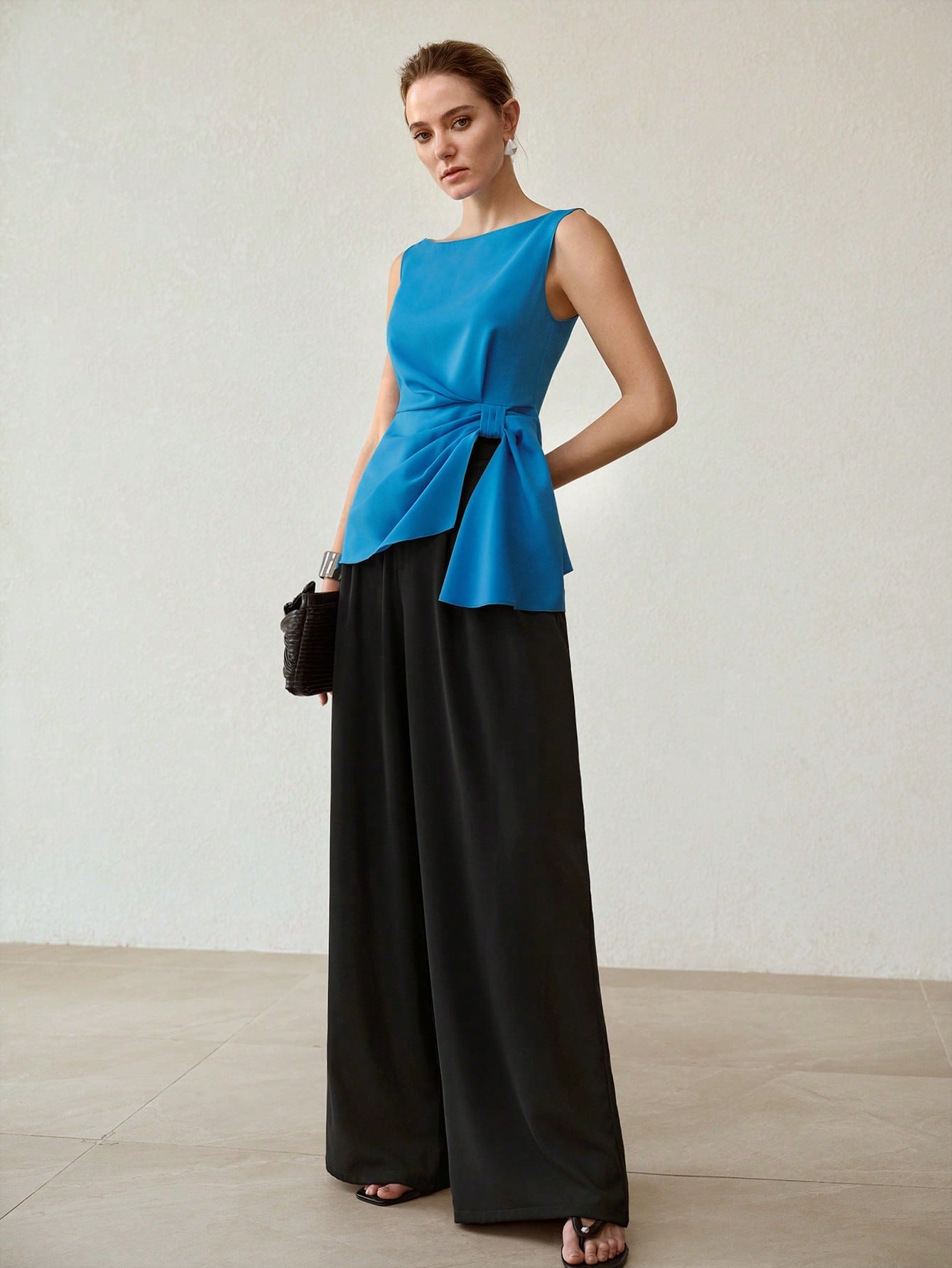CM-TS977483 Women Elegant Seoul Style Side Knot Boat Neck Sleeveless Blouse - Blue
