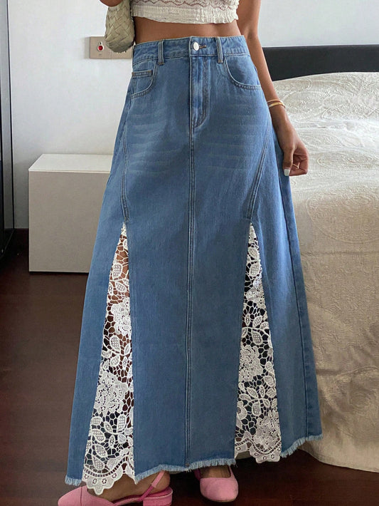 CM-BS576501 Women Casual Seoul Style Mid Waist Contrast Lace A-Line Denim Skirt - Blue