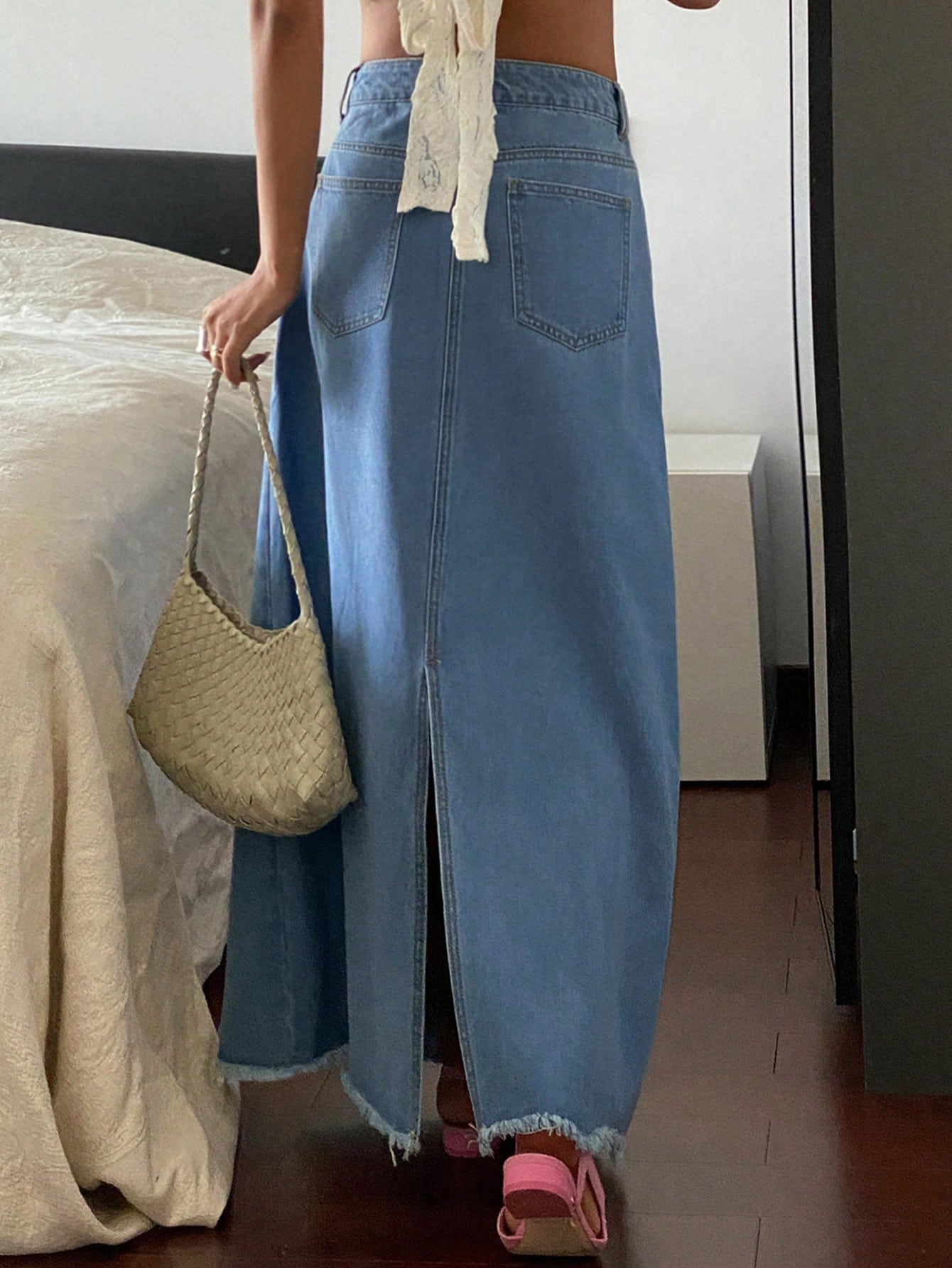 CM-BS576501 Women Casual Seoul Style Mid Waist Contrast Lace A-Line Denim Skirt - Blue