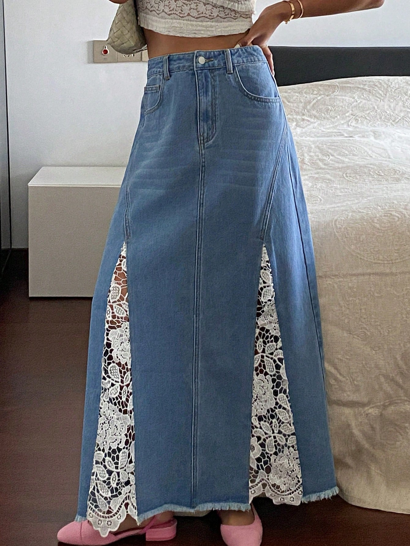 CM-BS576501 Women Casual Seoul Style Mid Waist Contrast Lace A-Line Denim Skirt - Blue