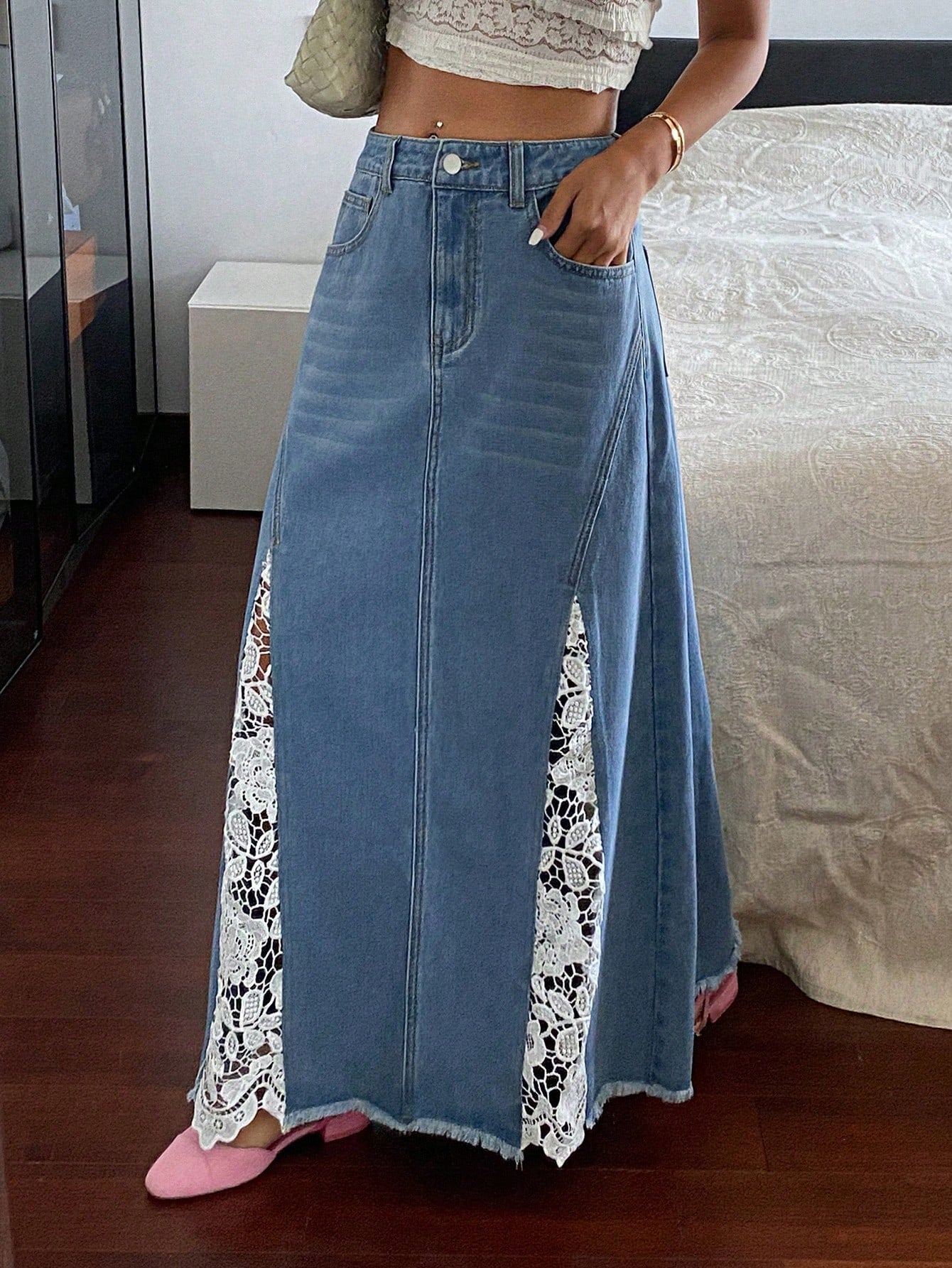 CM-BS576501 Women Casual Seoul Style Mid Waist Contrast Lace A-Line Denim Skirt - Blue