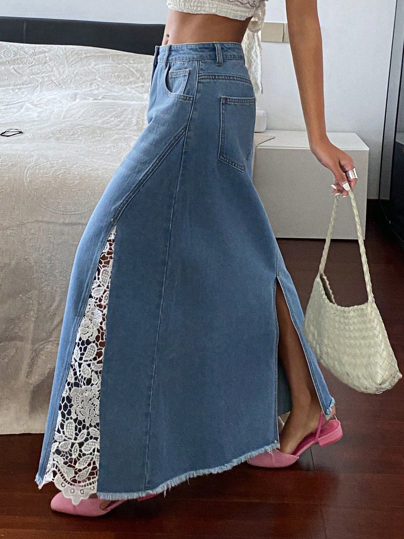 CM-BS576501 Women Casual Seoul Style Mid Waist Contrast Lace A-Line Denim Skirt - Blue
