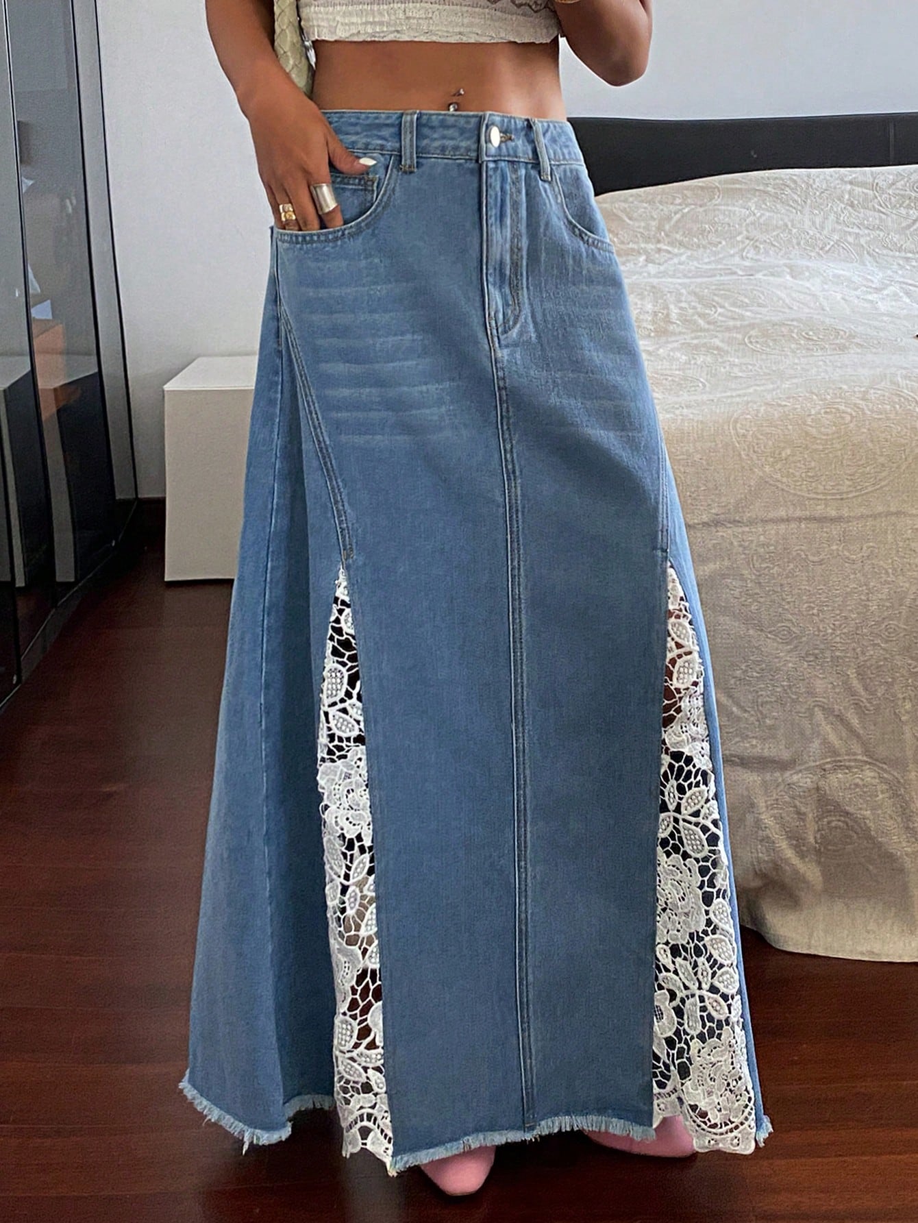 CM-BS576501 Women Casual Seoul Style Mid Waist Contrast Lace A-Line Denim Skirt - Blue