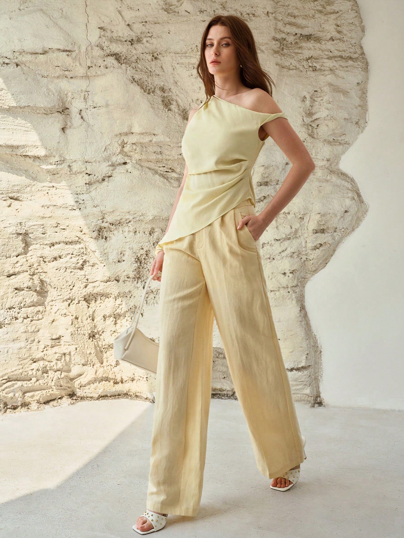 CM-TS875980 Women Elegant Seoul Style Asymmetrical Neck Sleeveless Top - Light Yellow