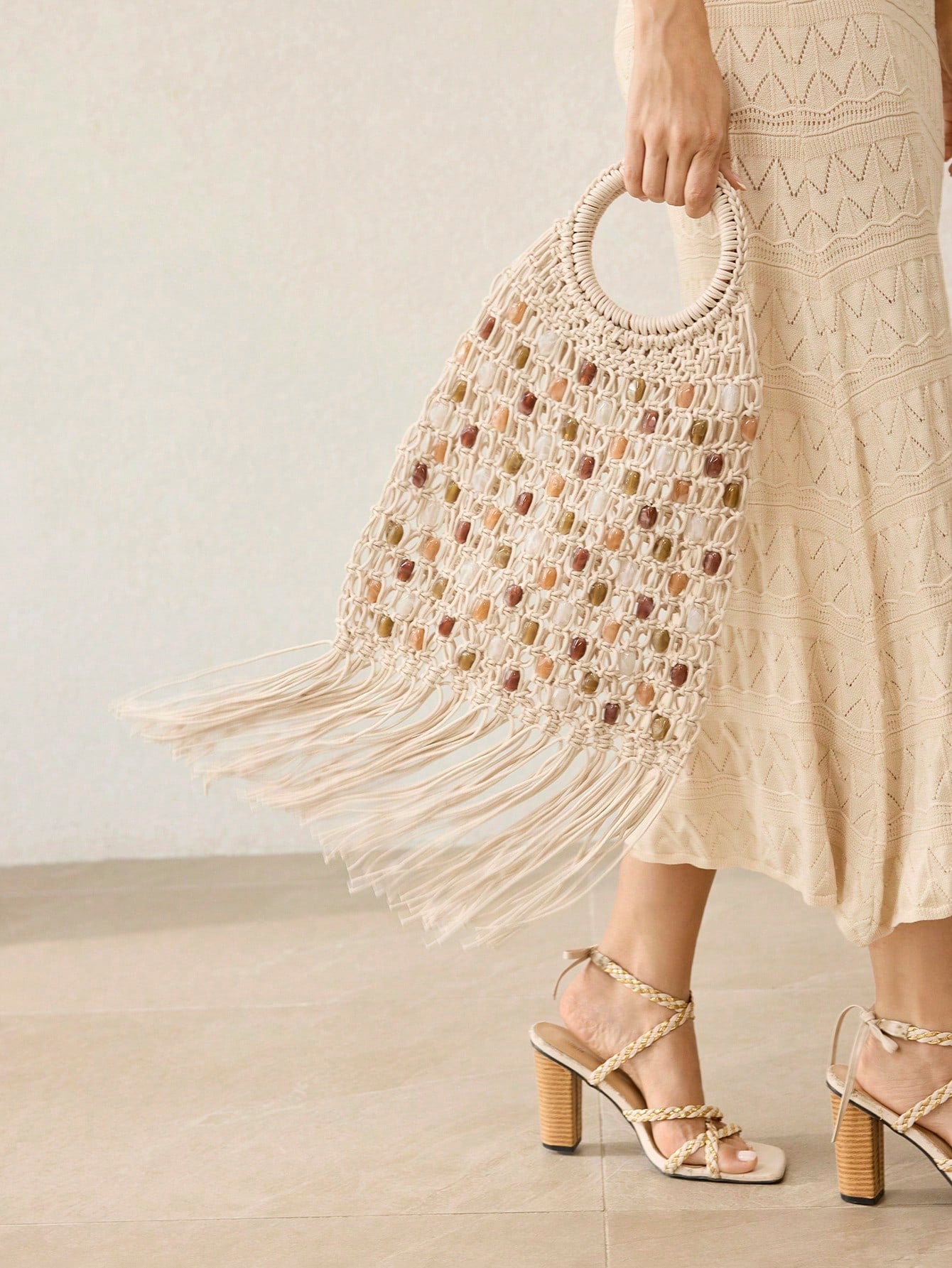 CM-BGS576078 Women Trendy Seoul Style Multi-Color Imitation Stone Head Decor Shoulder Bag - Beige