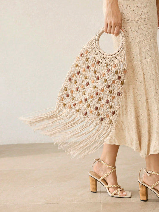 CM-BGS576078 Women Trendy Seoul Style Multi-Color Imitation Stone Head Decor Shoulder Bag - Beige